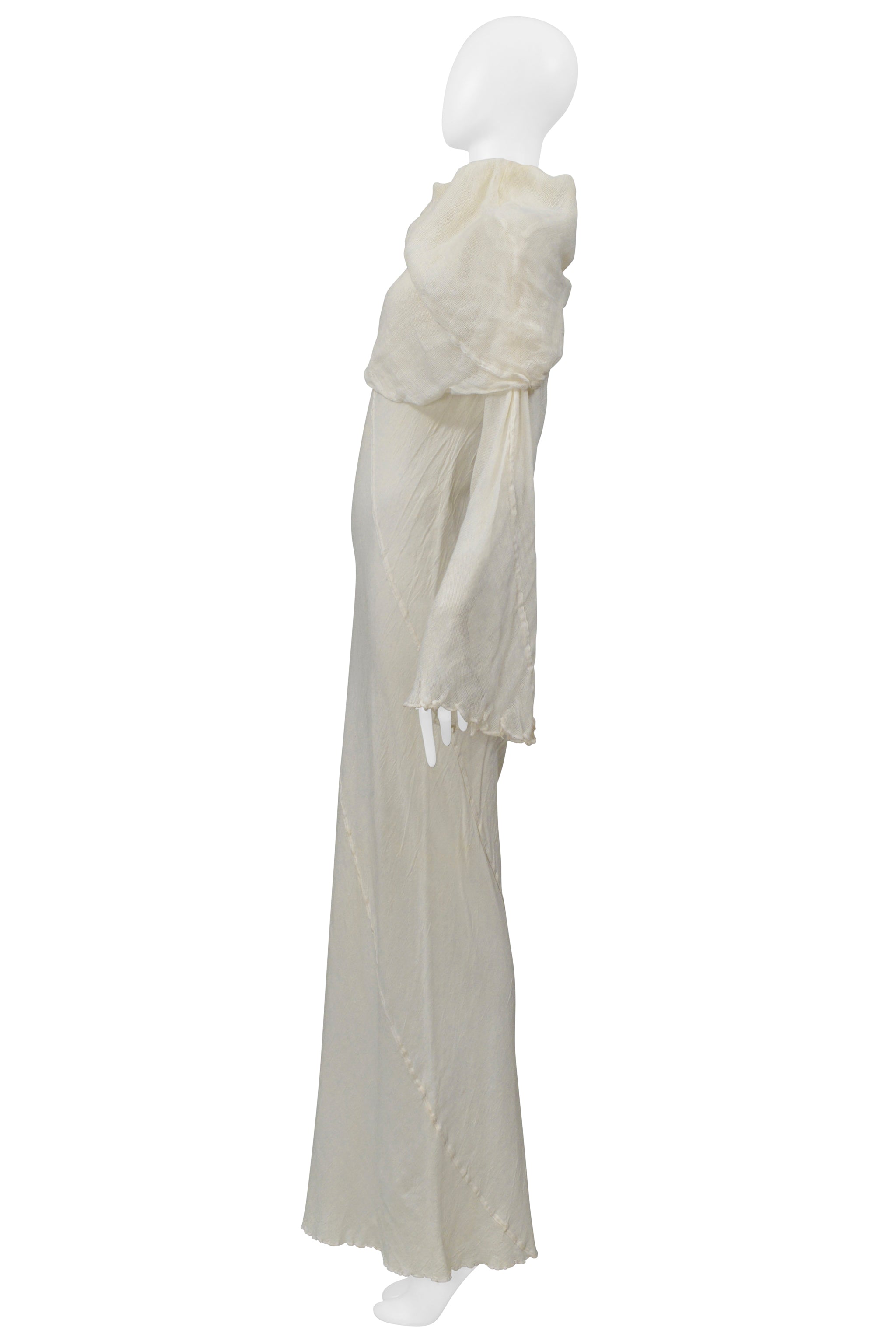 ISSEY MIYAKE WHITE LONG LINEN DRESS WITH DRAPED NECK 1998