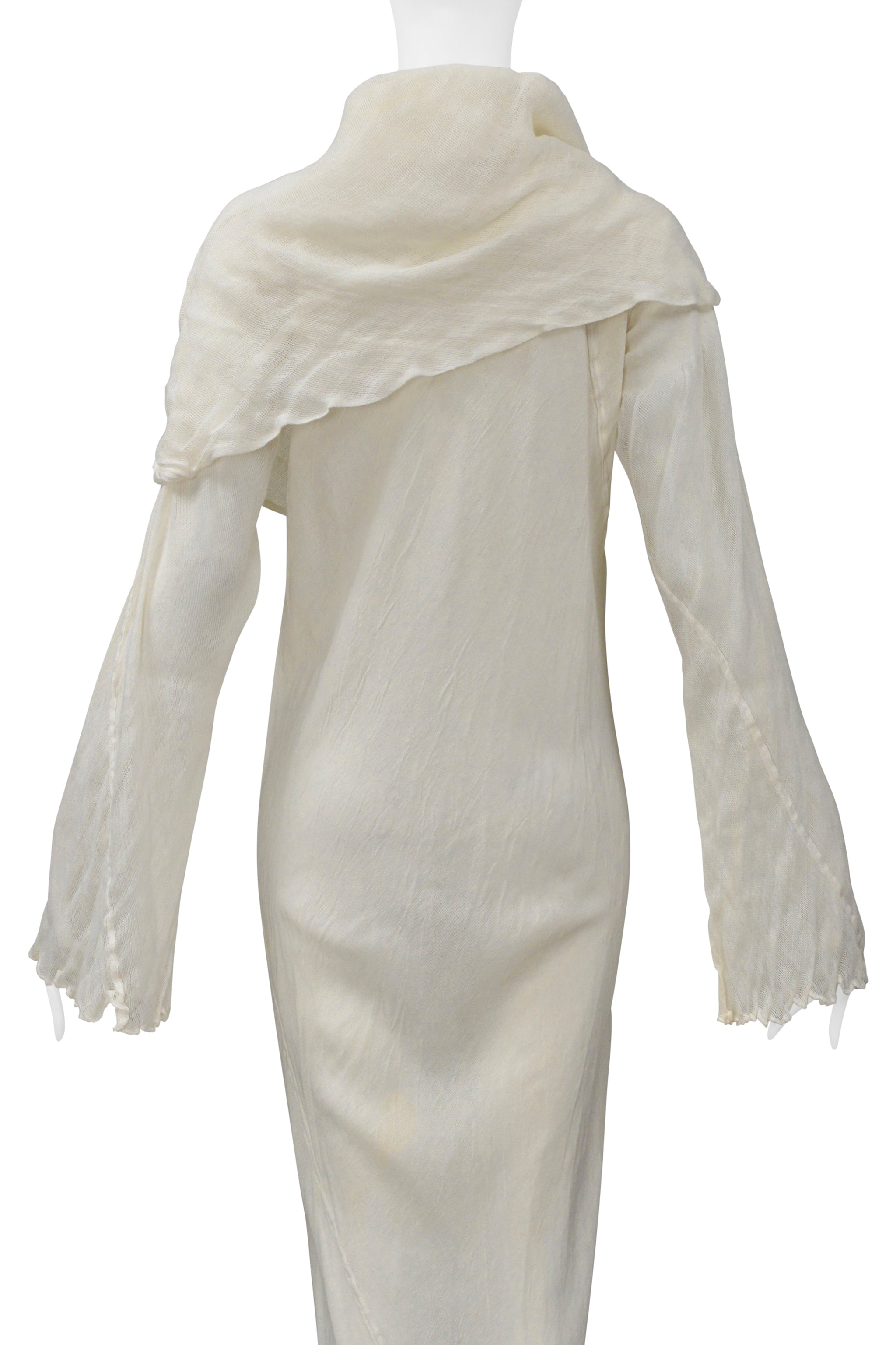 ISSEY MIYAKE WHITE LONG LINEN DRESS WITH DRAPED NECK 1998