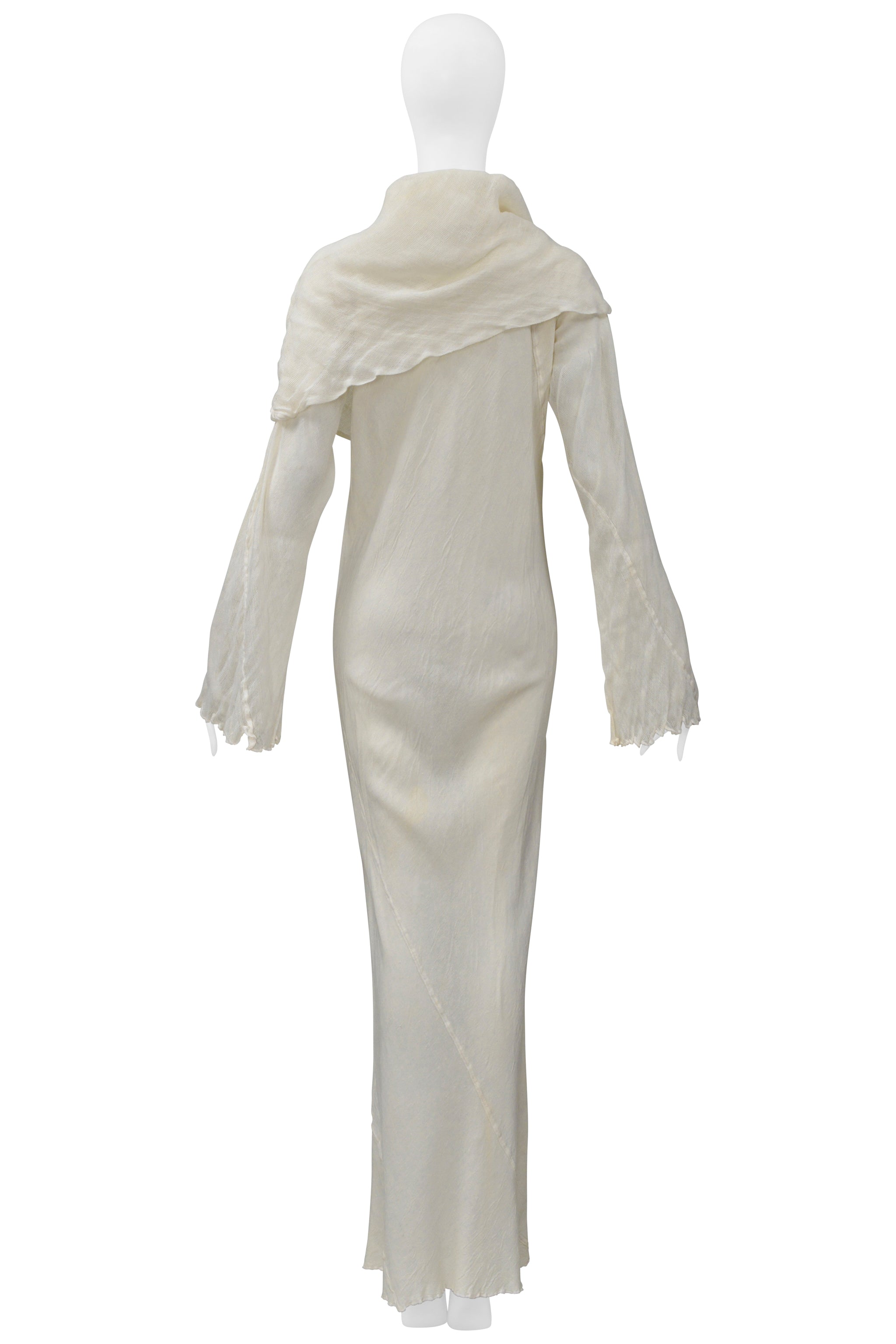 ISSEY MIYAKE WHITE LONG LINEN DRESS WITH DRAPED NECK 1998