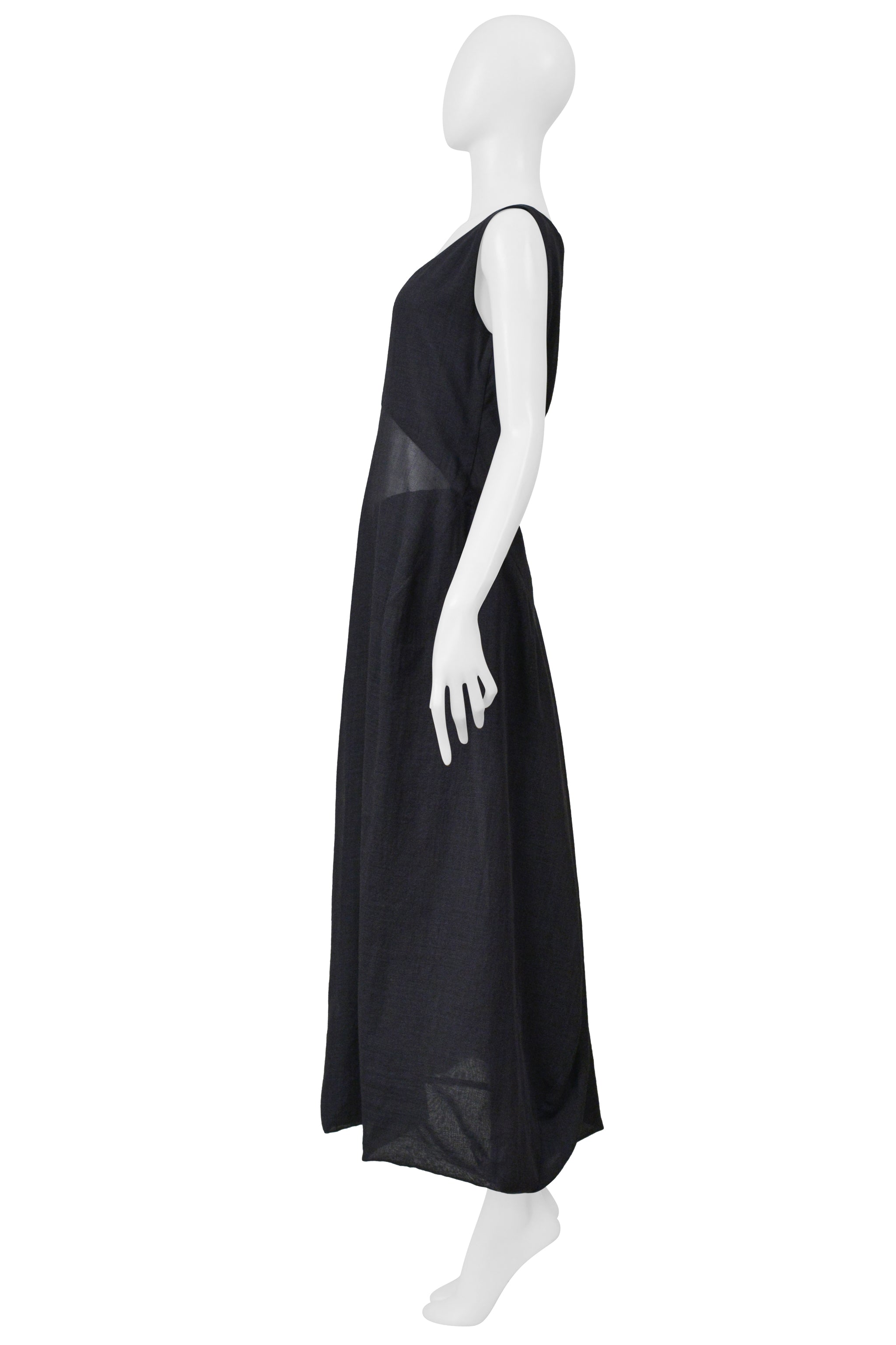 ISSEY MIYAKE DARK GRAY SHEER LINEN DRESS WITH DOUBLE SKIRT 1999