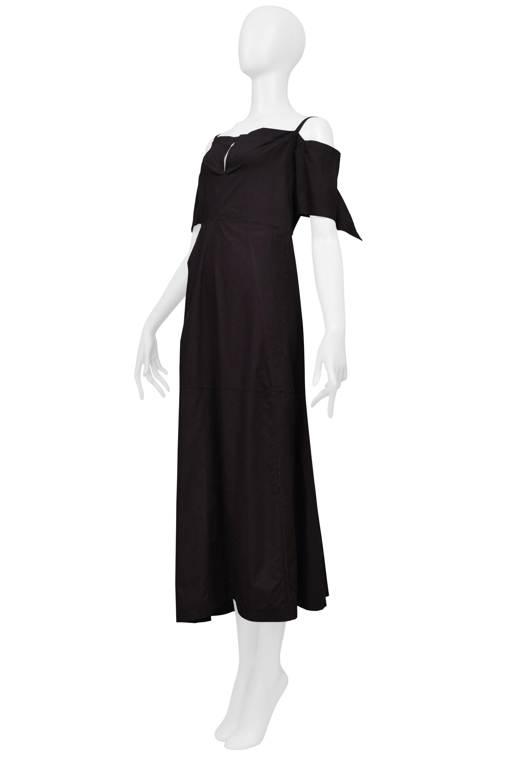 ISSEY MIYAKE BLACK DRESS WITH RAW EDGES AND OFF SHOULDER SLEEVES 2000