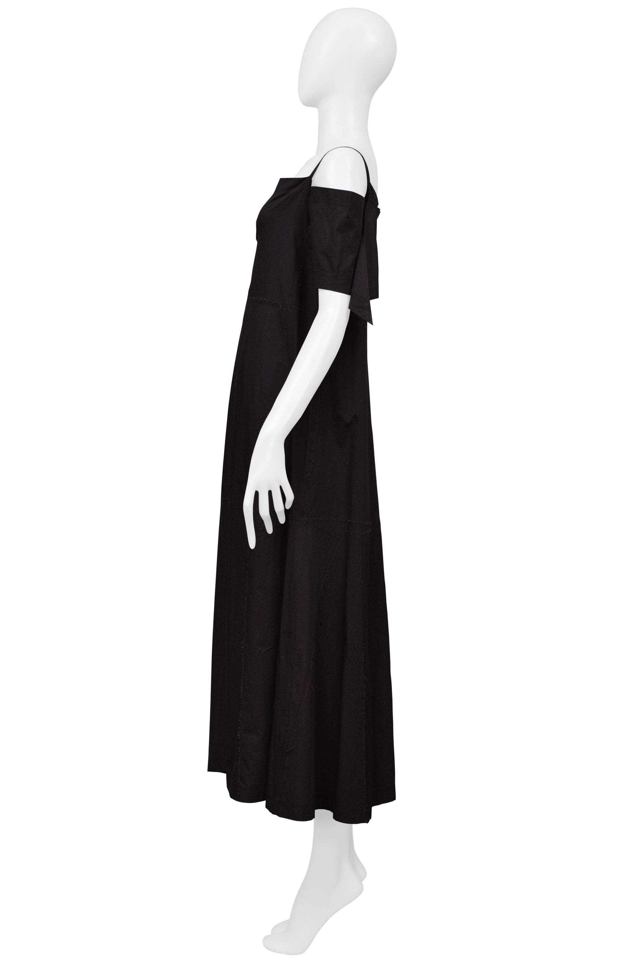 ISSEY MIYAKE BLACK DRESS WITH RAW EDGES AND OFF SHOULDER SLEEVES 2000