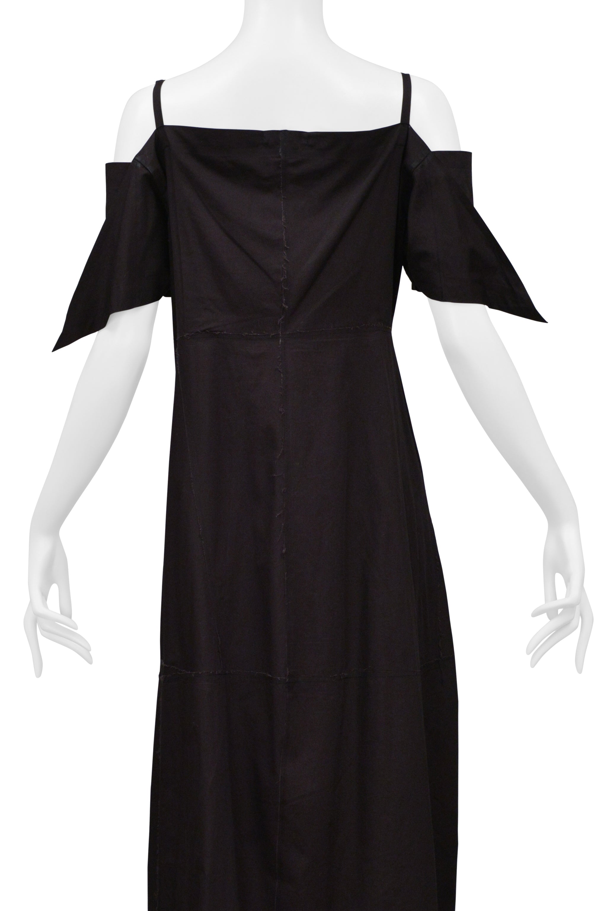 ISSEY MIYAKE BLACK DRESS WITH RAW EDGES AND OFF SHOULDER SLEEVES 2000