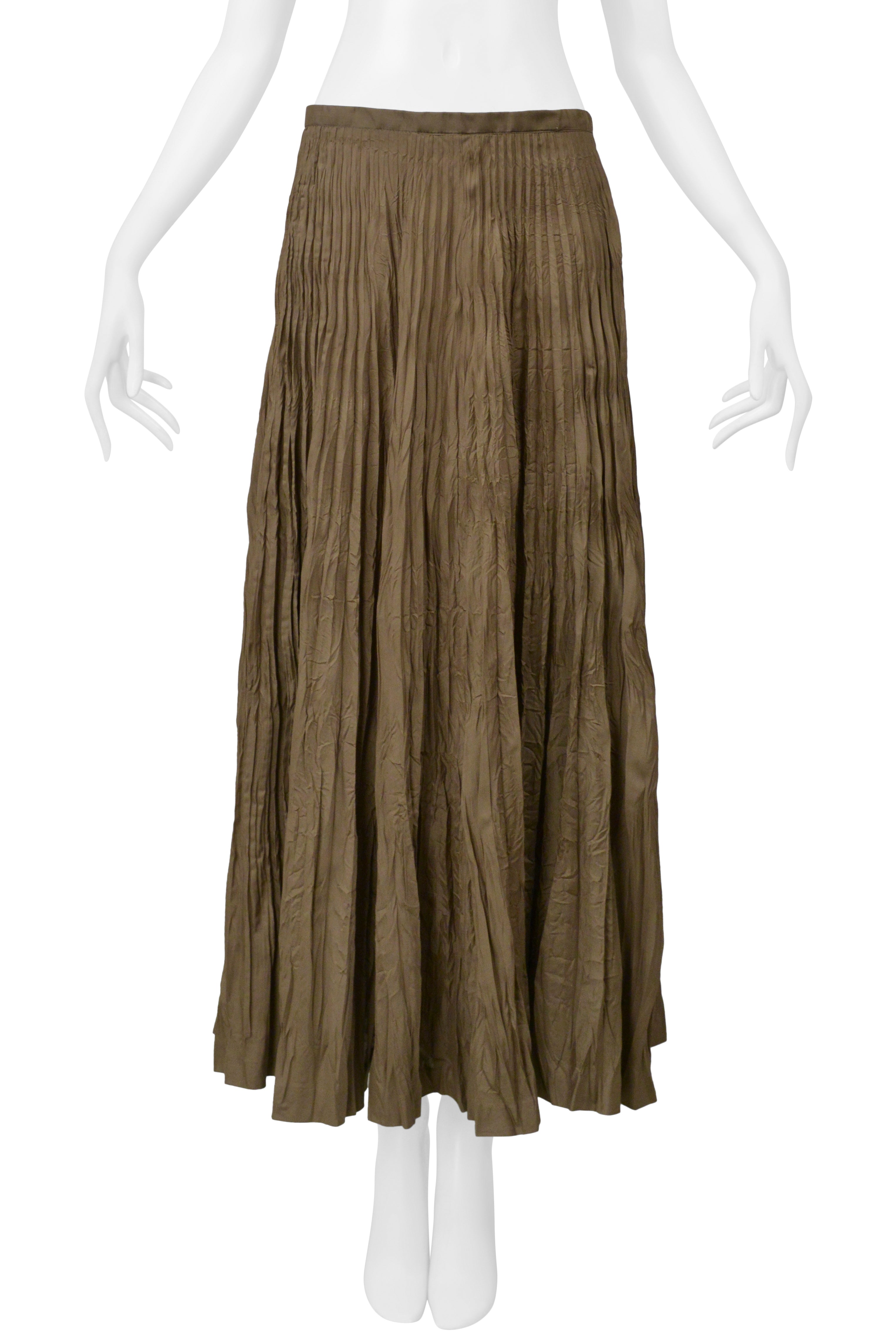 ISSEY MIYAKE KHAKI CRINKLED PLEATED LONG SKIRT 2000