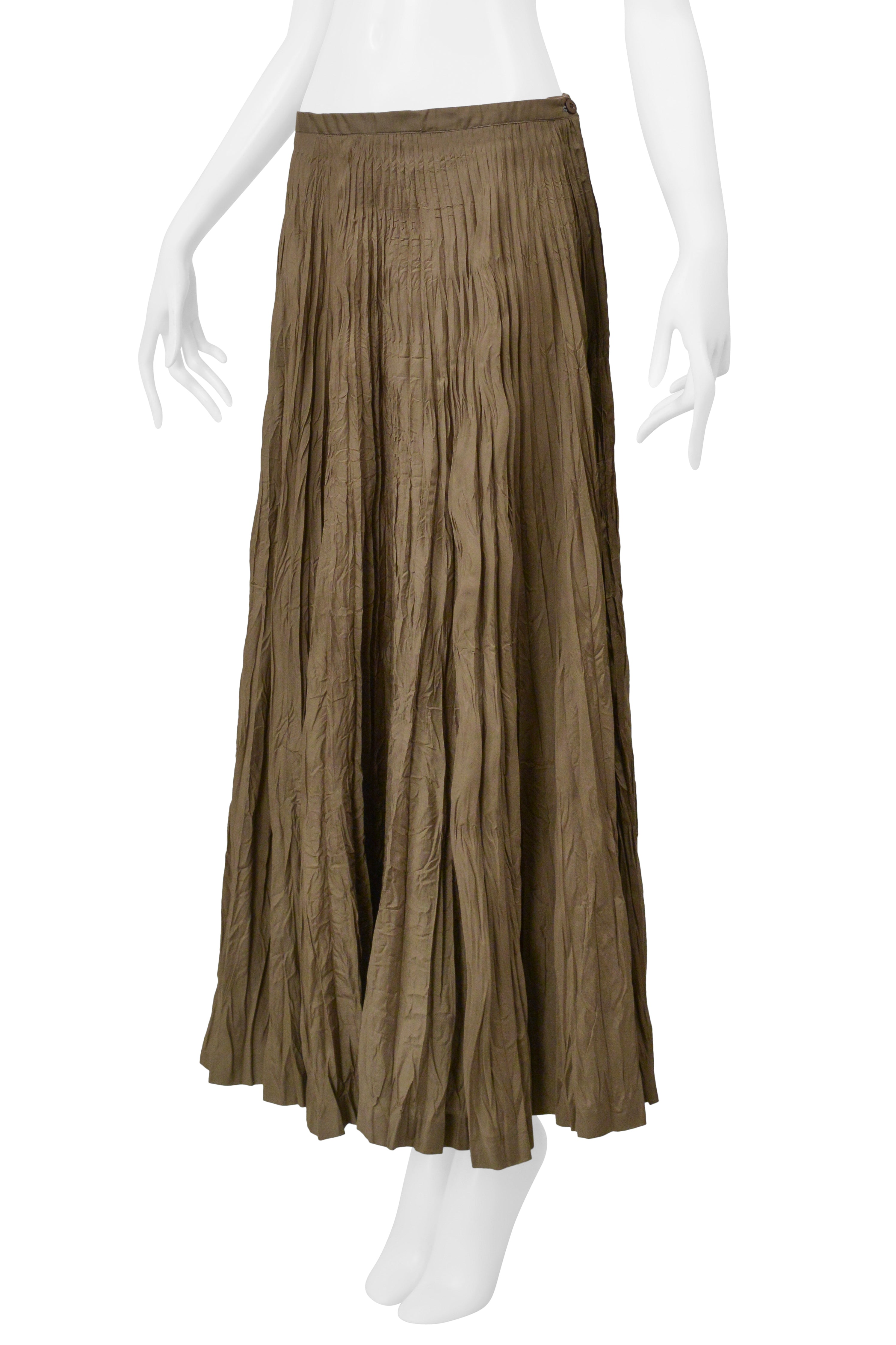 ISSEY MIYAKE KHAKI CRINKLED PLEATED LONG SKIRT 2000