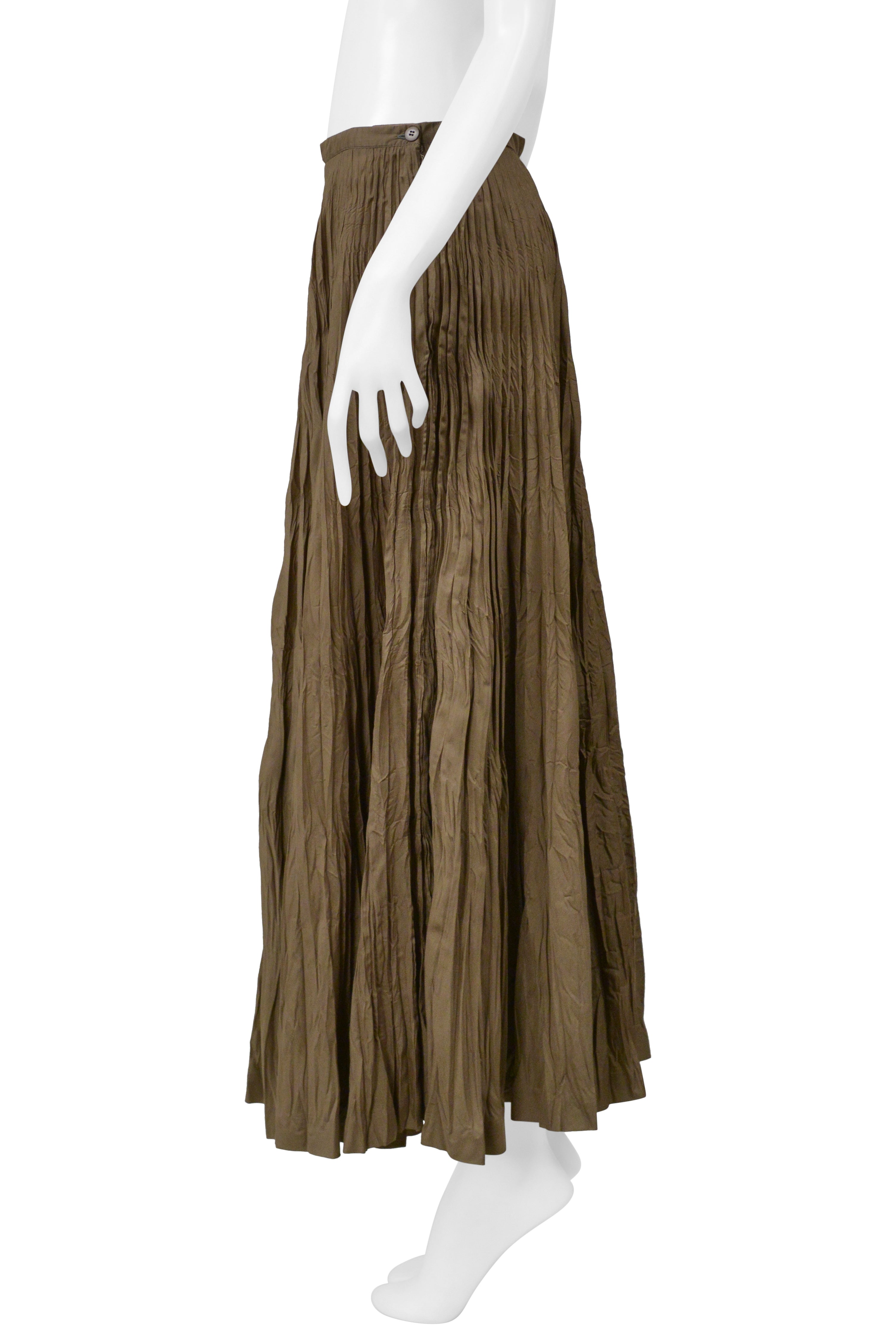 ISSEY MIYAKE KHAKI CRINKLED PLEATED LONG SKIRT 2000
