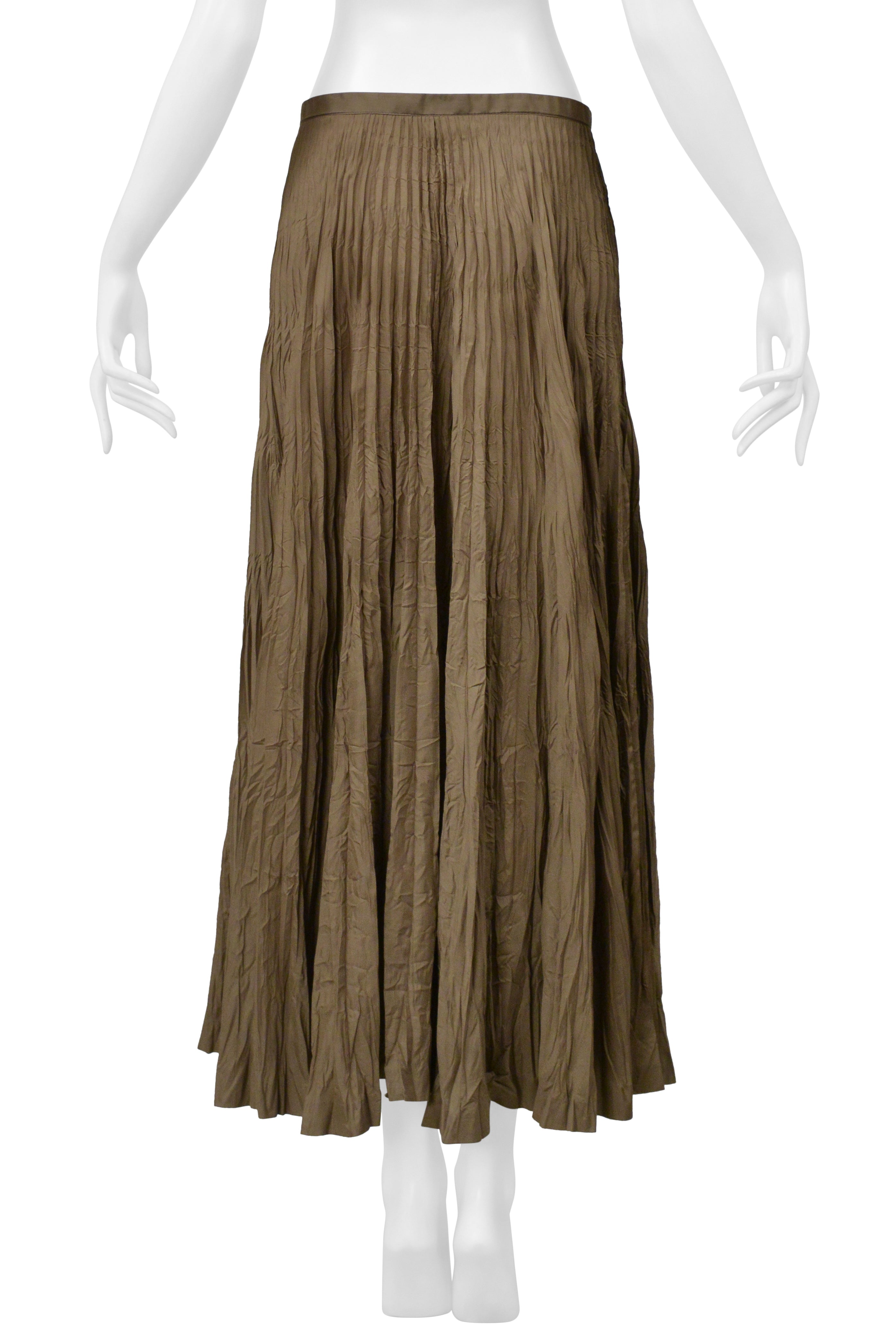 ISSEY MIYAKE KHAKI CRINKLED PLEATED LONG SKIRT 2000