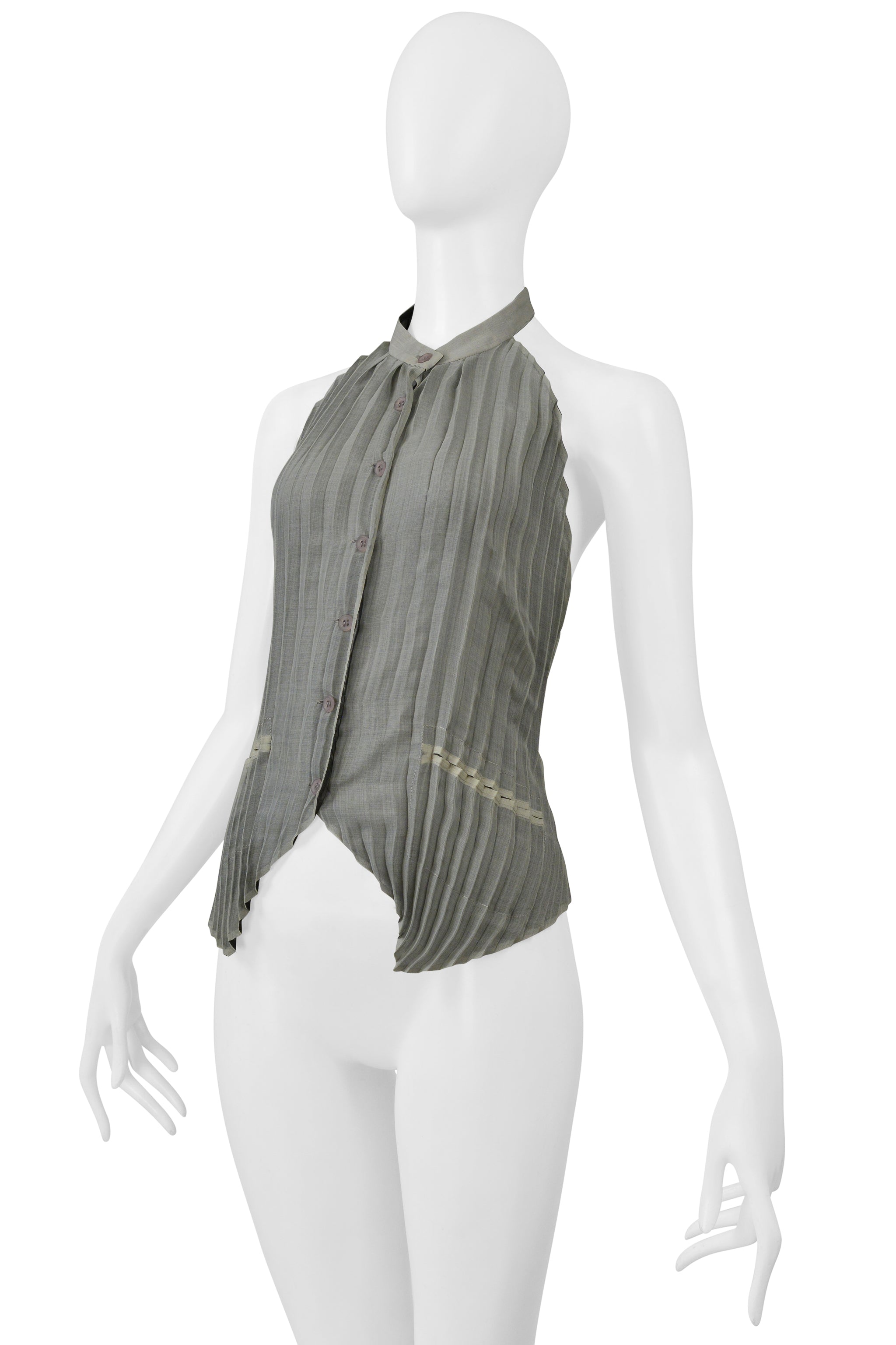 ISSEY MIYAKE PEARL GRAY PLEATED HALTER TOP WITH OPEN BACK SS 2000