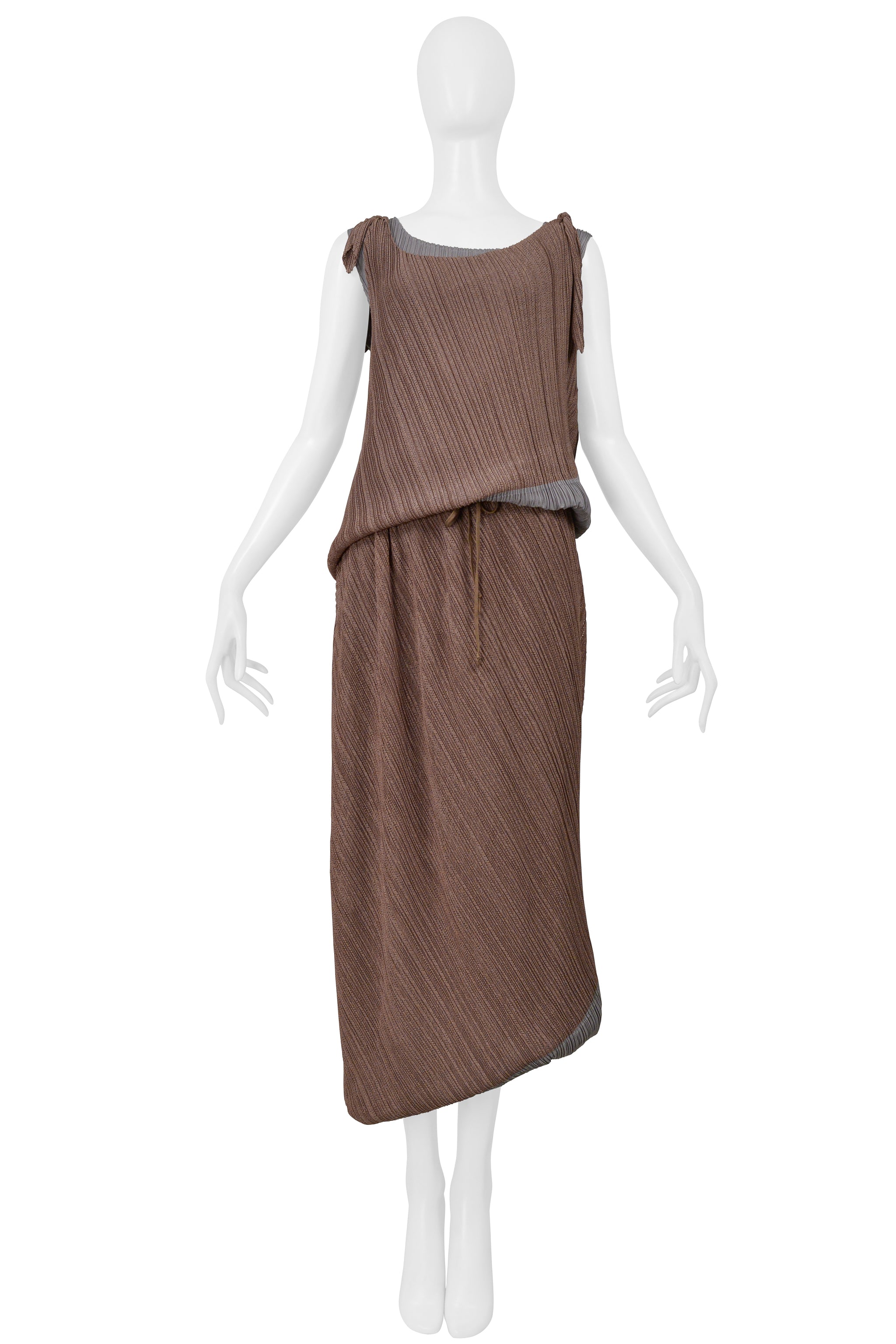 ISSEY MIYAKE TWO TONE BROWN AND GRAY DOUBLE TANK TOP AND SKIRT CIR. SS 2005