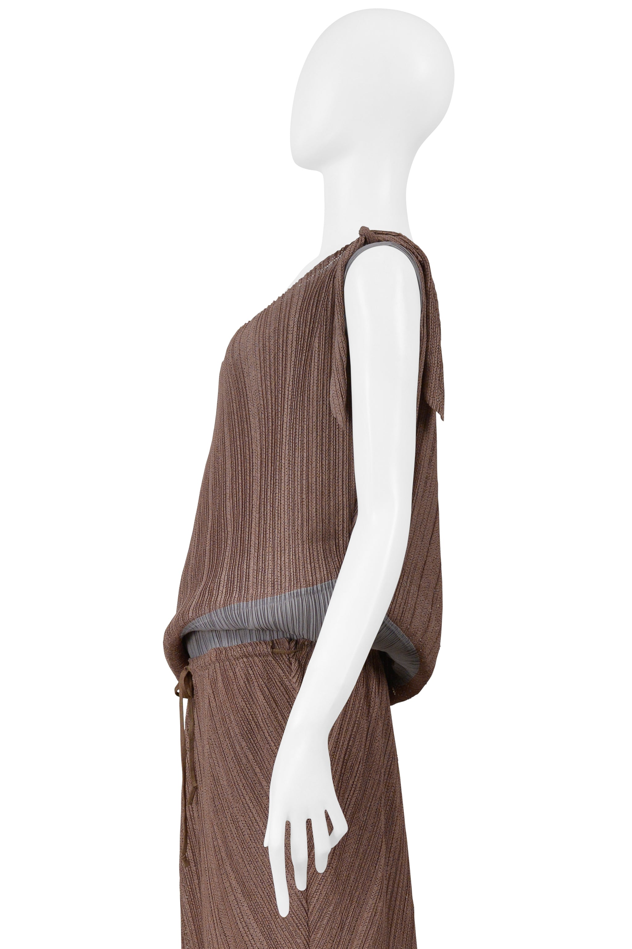 ISSEY MIYAKE TWO TONE BROWN AND GRAY DOUBLE TANK TOP AND SKIRT CIR. SS 2005