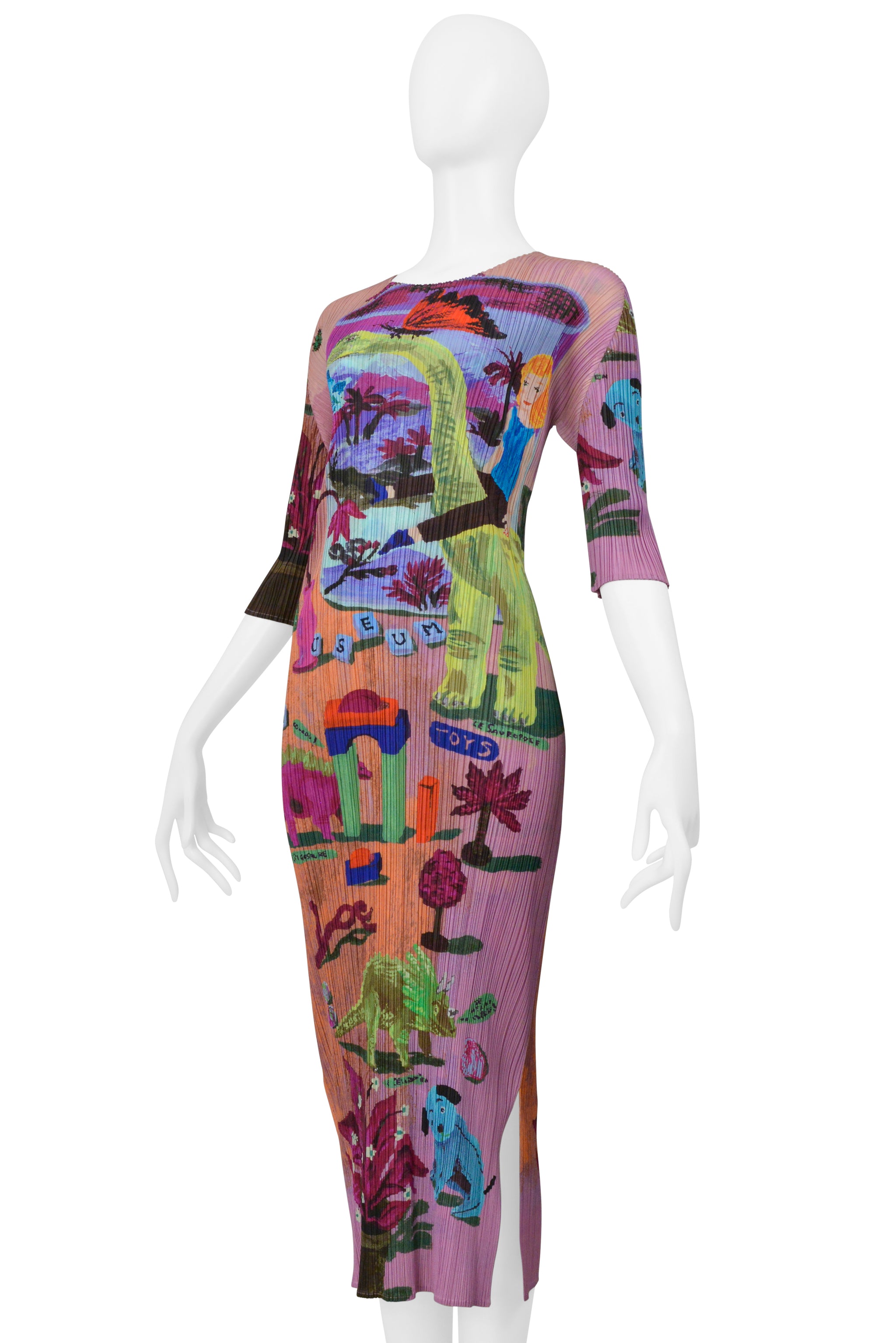 ISSEY MIYAKE 2006 ARTIST SERIES PINK DRESS WITH "DINOS EDEN" PRINT BY NATHALIE LETE