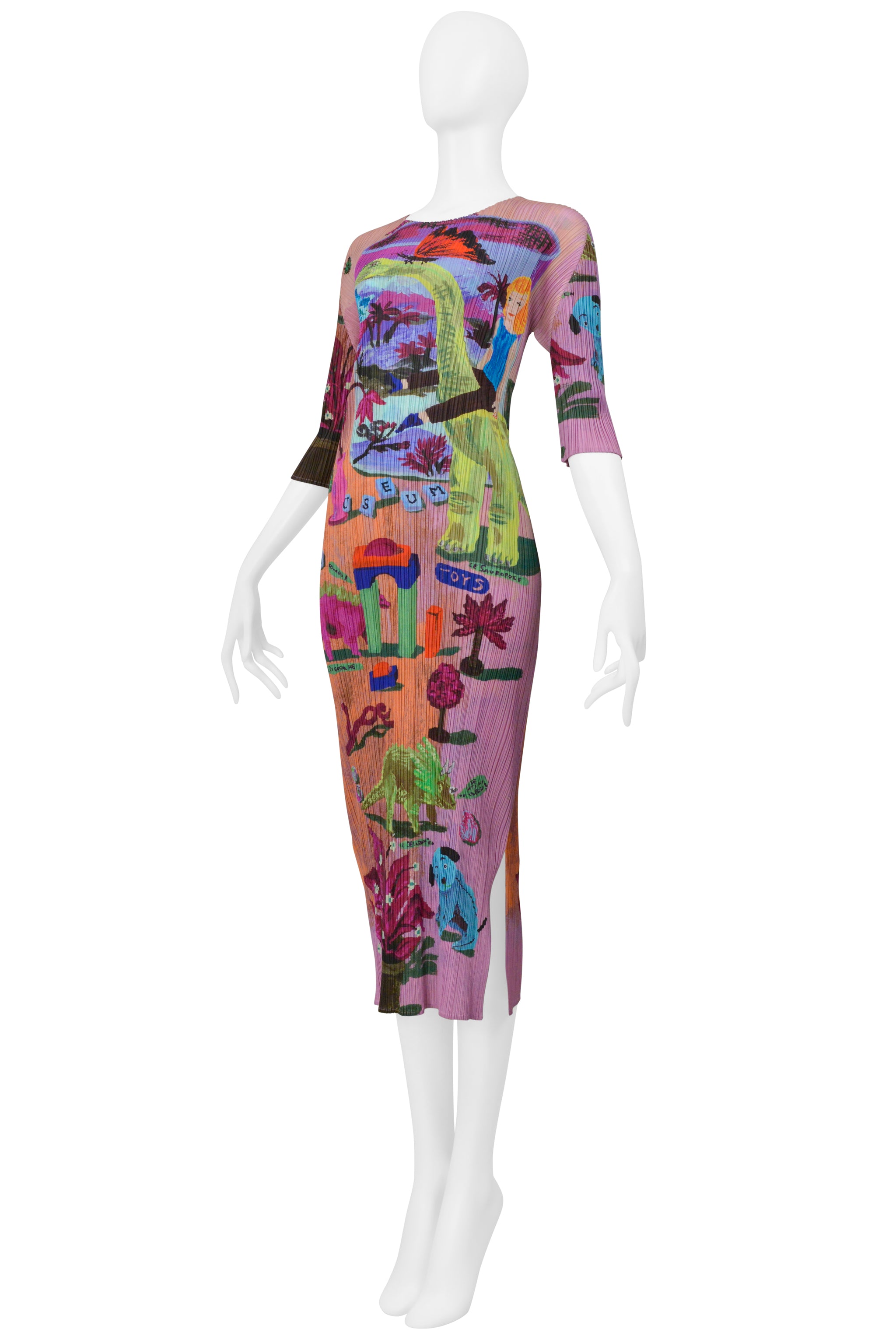 ISSEY MIYAKE 2006 ARTIST SERIES PINK DRESS WITH "DINOS EDEN" PRINT BY NATHALIE LETE