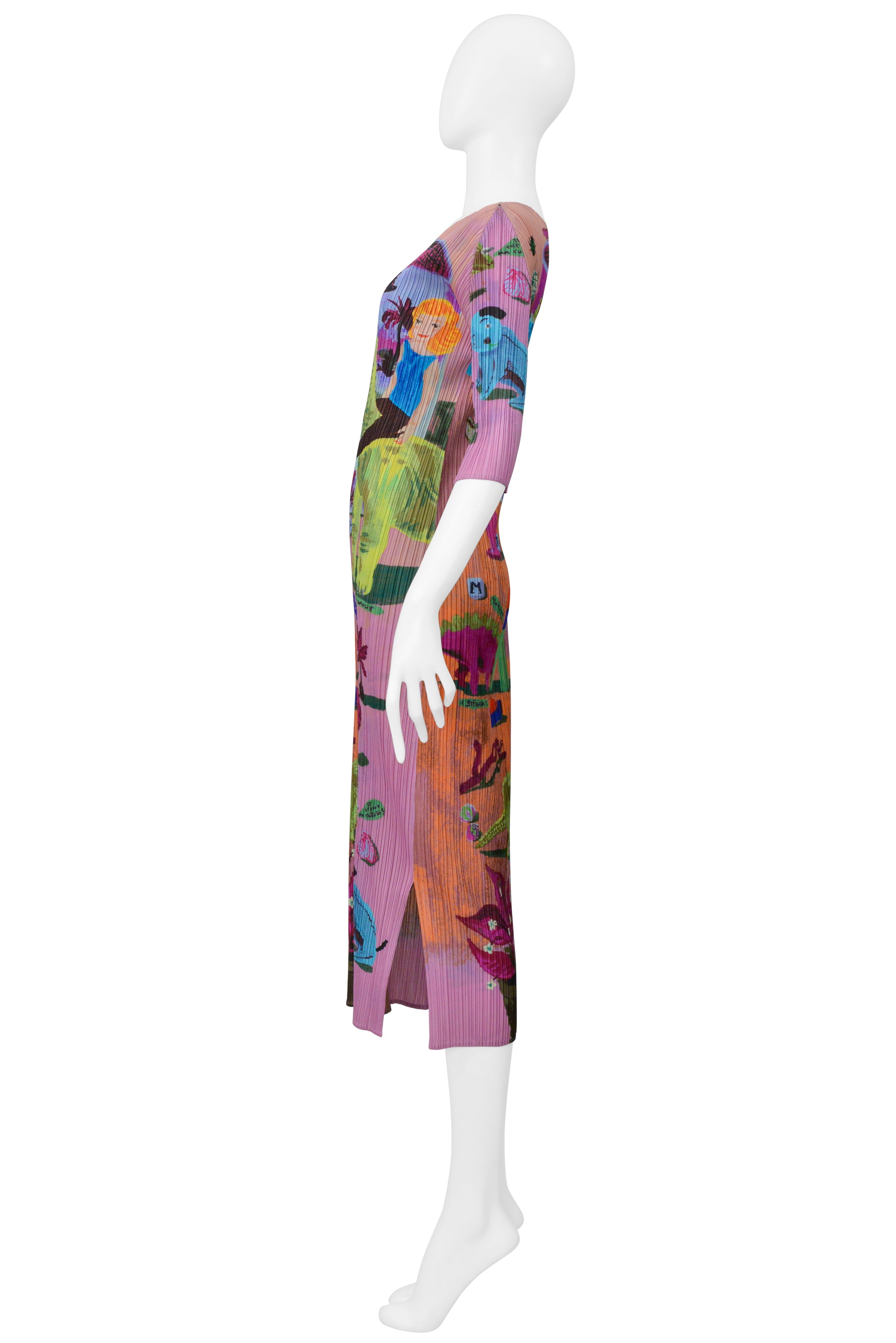 ISSEY MIYAKE 2006 ARTIST SERIES PINK DRESS WITH "DINOS EDEN" PRINT BY NATHALIE LETE