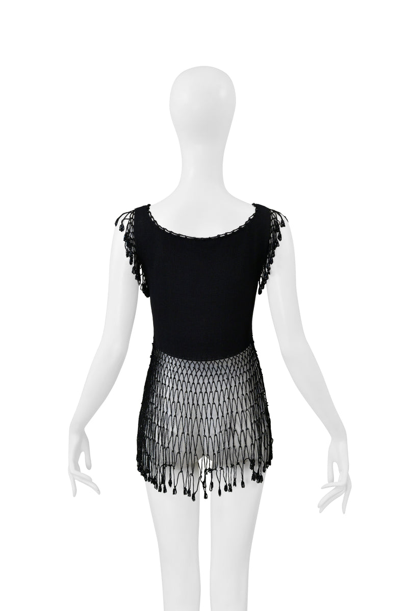 MOSCHINO BLACK KNIT TOP WITH NETTING AND BEADING