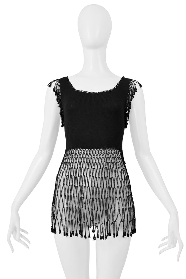 MOSCHINO BLACK KNIT TOP WITH NETTING AND BEADING