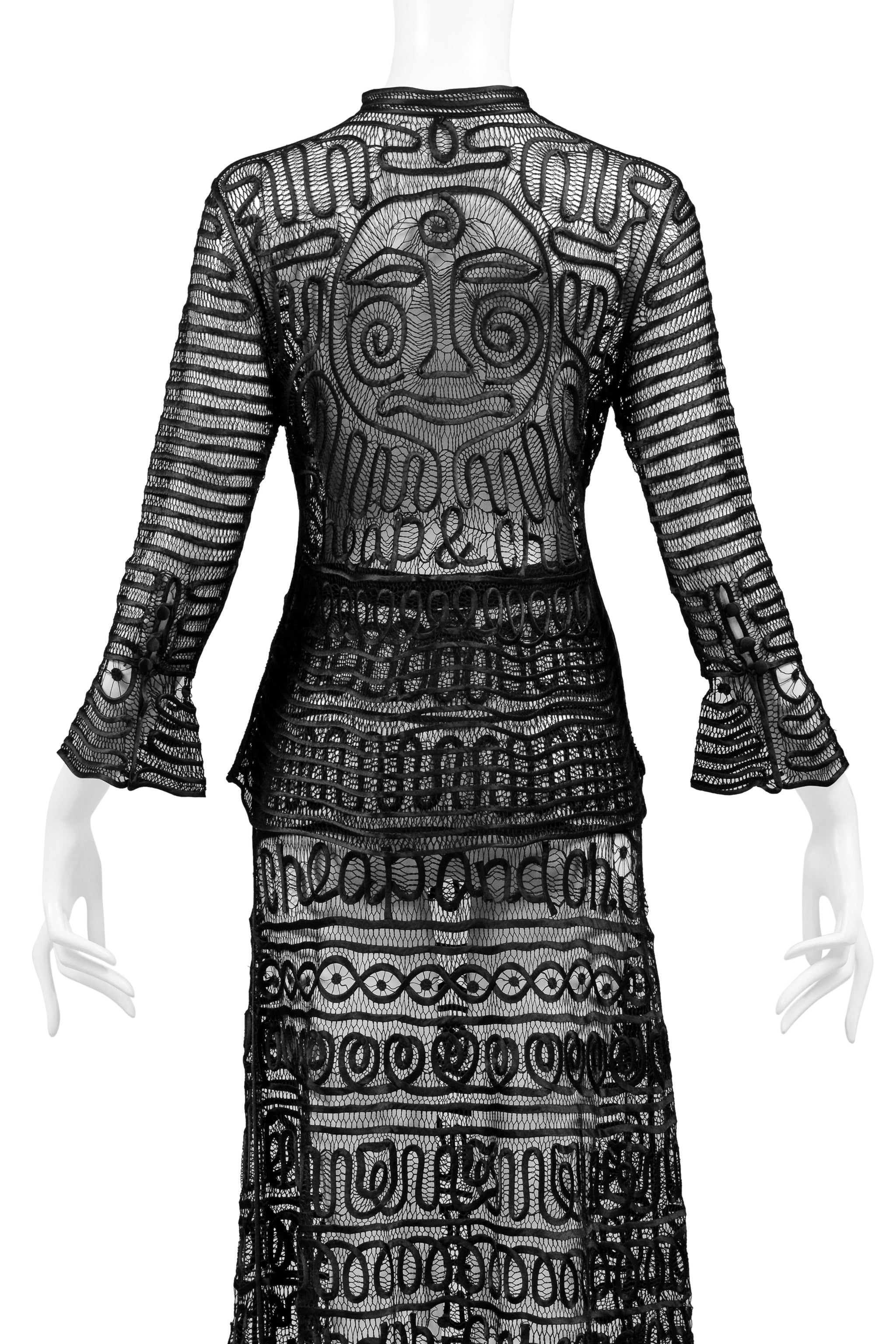 MOSCHINO "CHEAP & CHIC" BLACK SATIN RIBBON LACE JACKET & SKIRT WITH LOGO SCRIPT