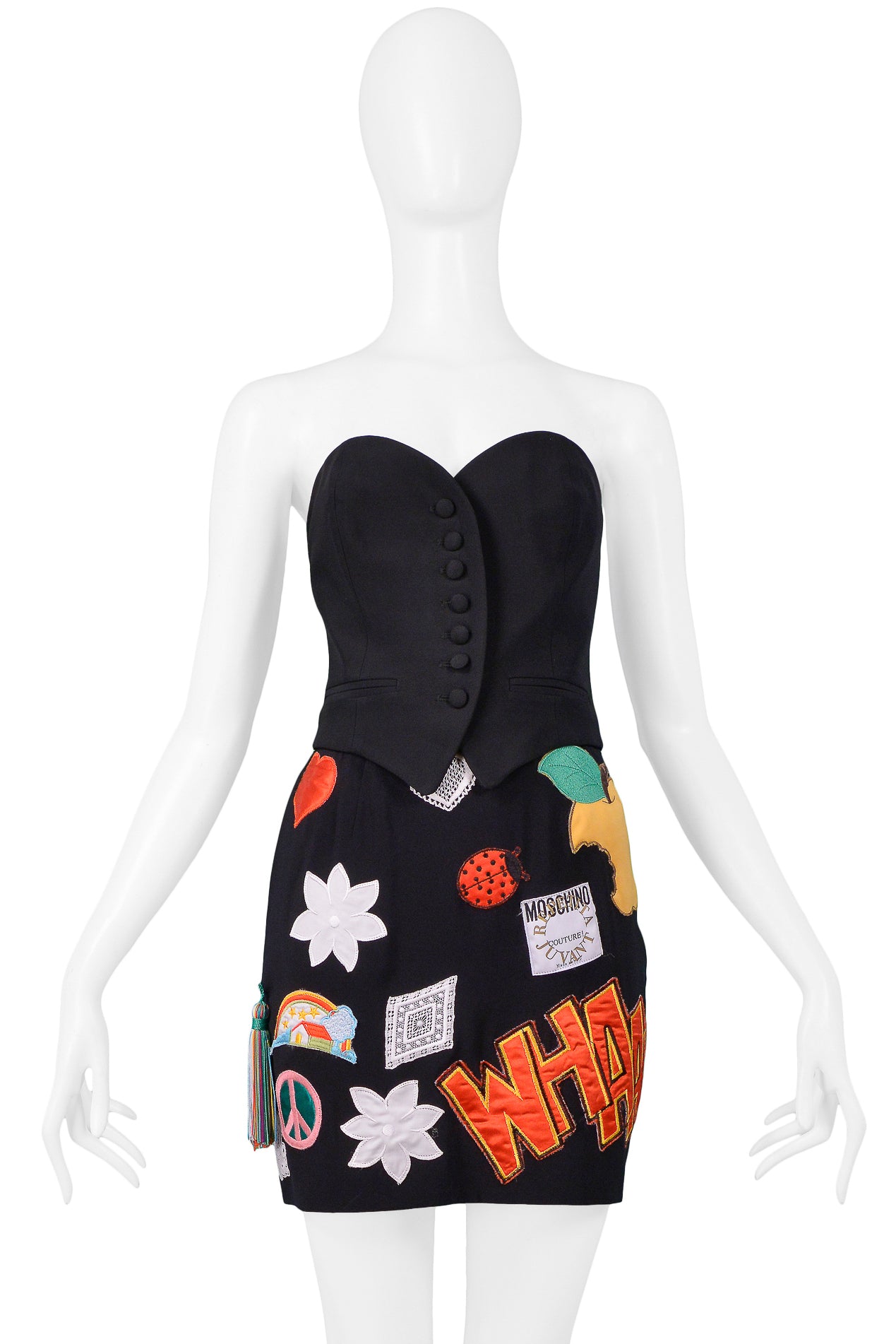MOSCHINO 1993/94 MULTICOLOR ''WHAM'' PATCH SKIRT & BUSTIER ENSEMBLE