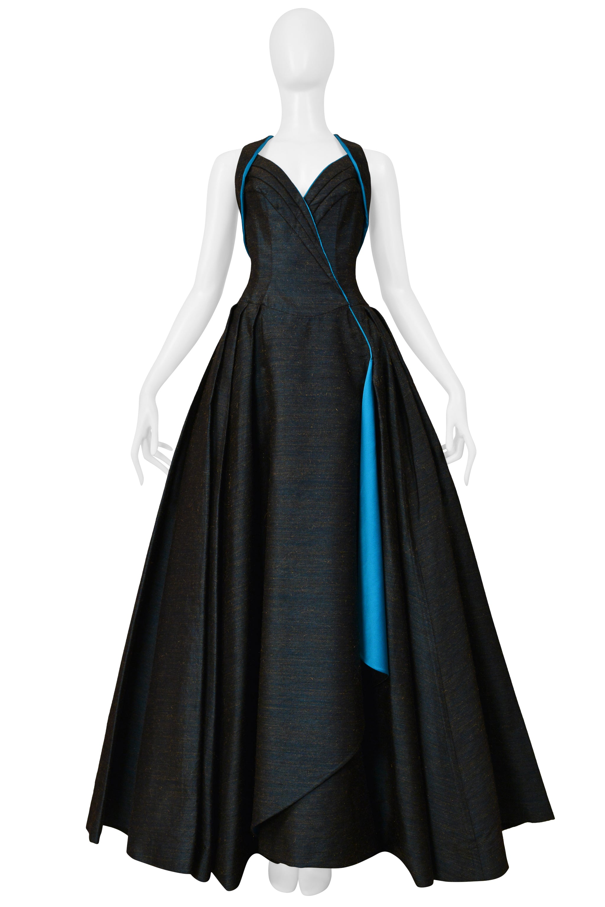 THIERRY MUGLER BLUE HALTER EVENING GOWN 1990s