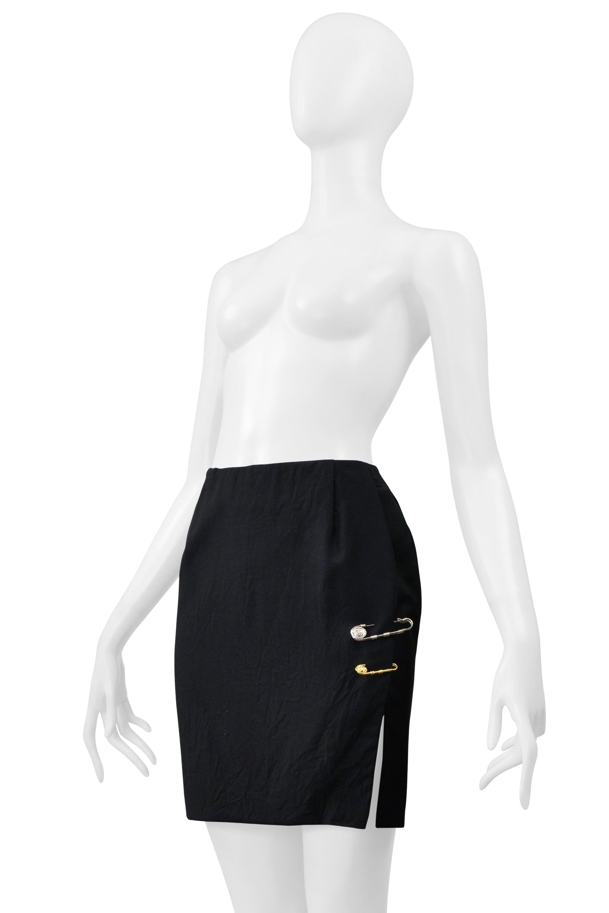 VERSACE ICONIC BLACK "SAFETY PIN" MINI SKIRT WITH SLIT 1994