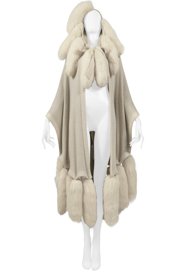 ALIMIA PARIS OFF-WHITE CAPE WITH FUR TAILS & LEATHER PATCHES