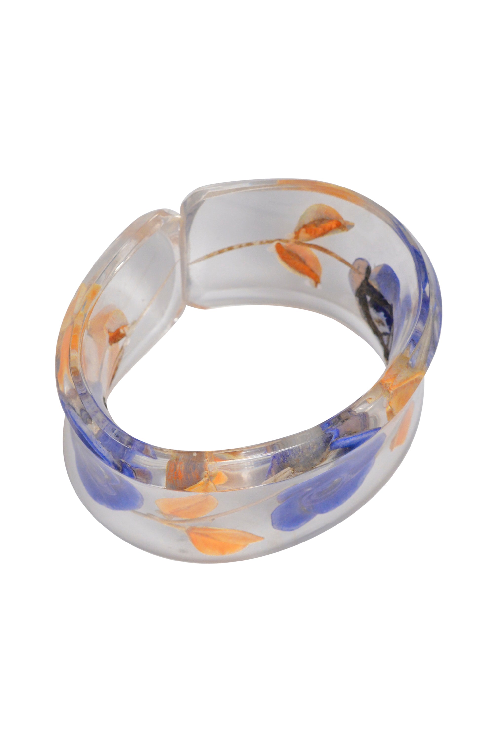 FRENCH LUCITE BLUE YELLOW FLORAL CARVED BRACELET CUFF