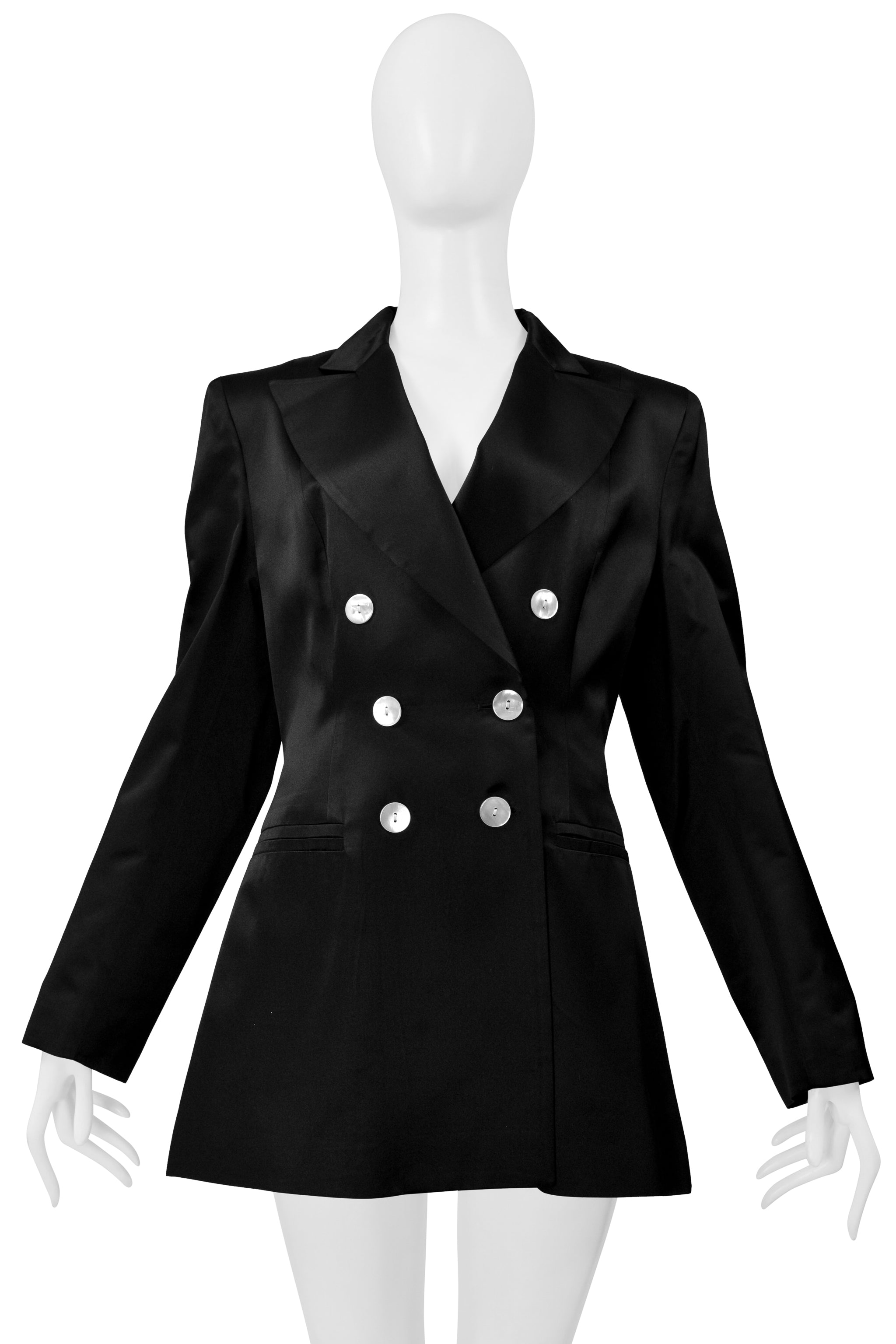 INES DE LA FRESSANGE BLACK SATIN JACKET WITH WHITE BUTTONS
