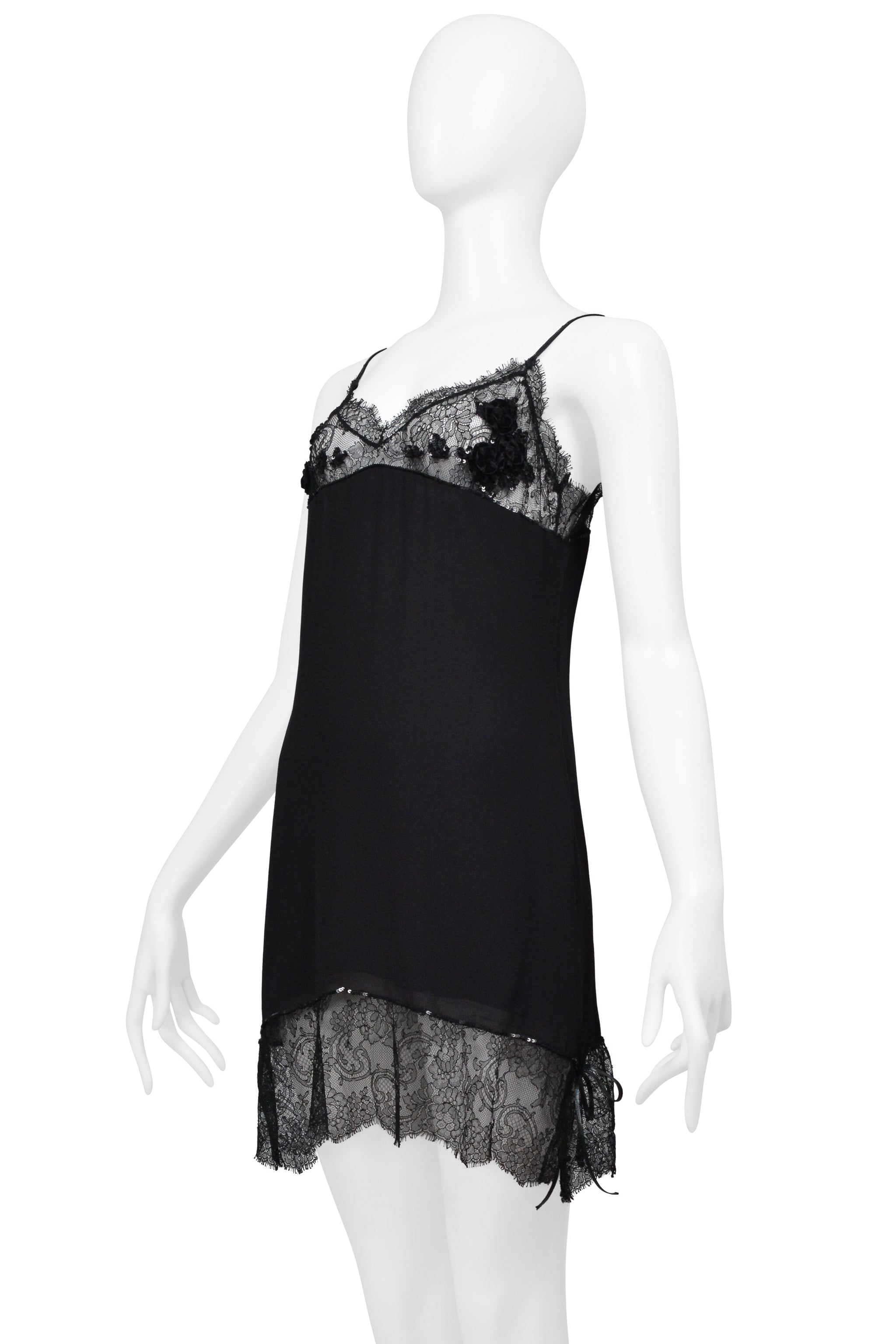 BLUMARINE BLACK LACE AND FLORAL EMBROIDERED & BEADED SLIP DRESS 1998