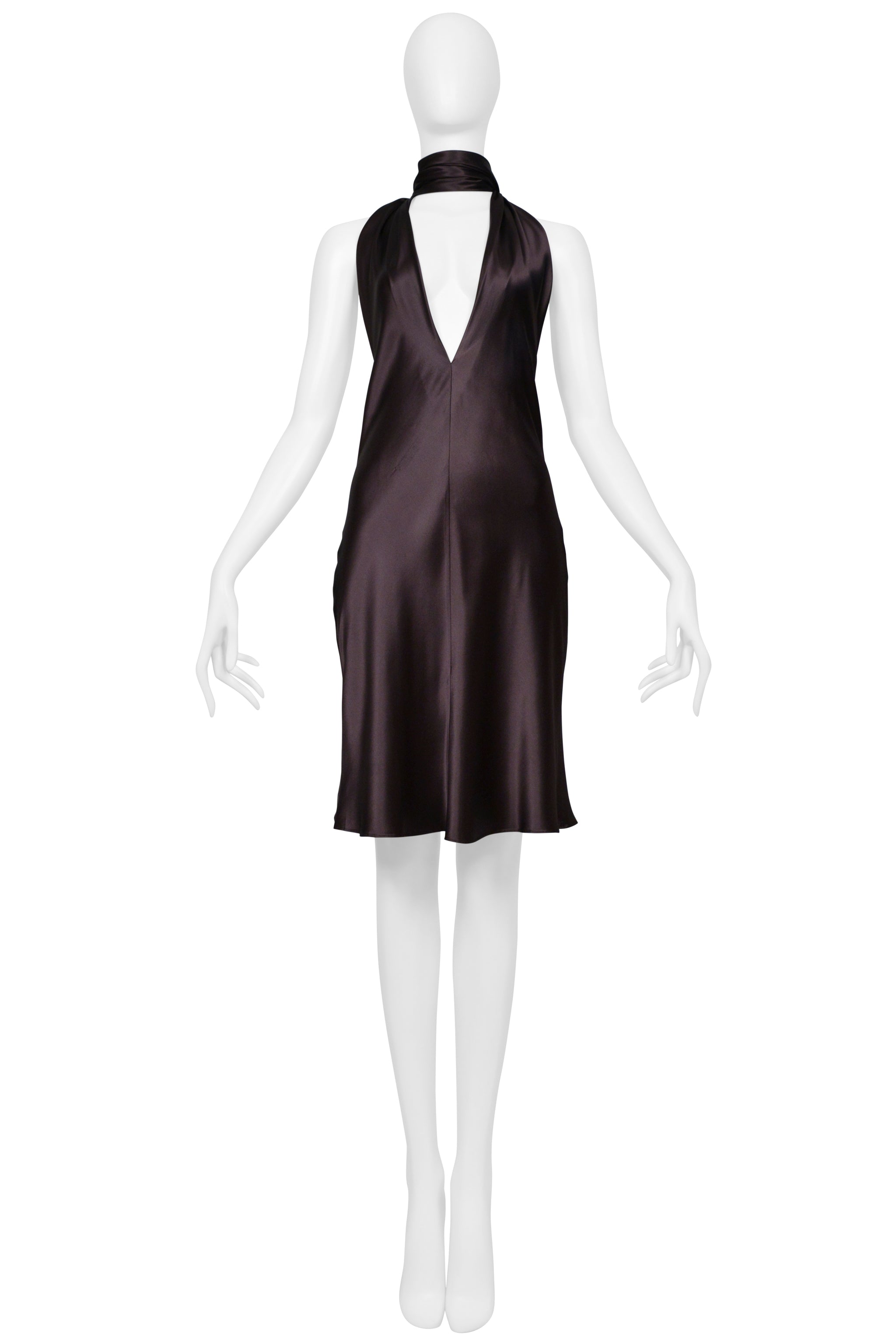DOLCE & GABBANA BROWN SATIN HALTER DRESS WITH NECK TIES 2002