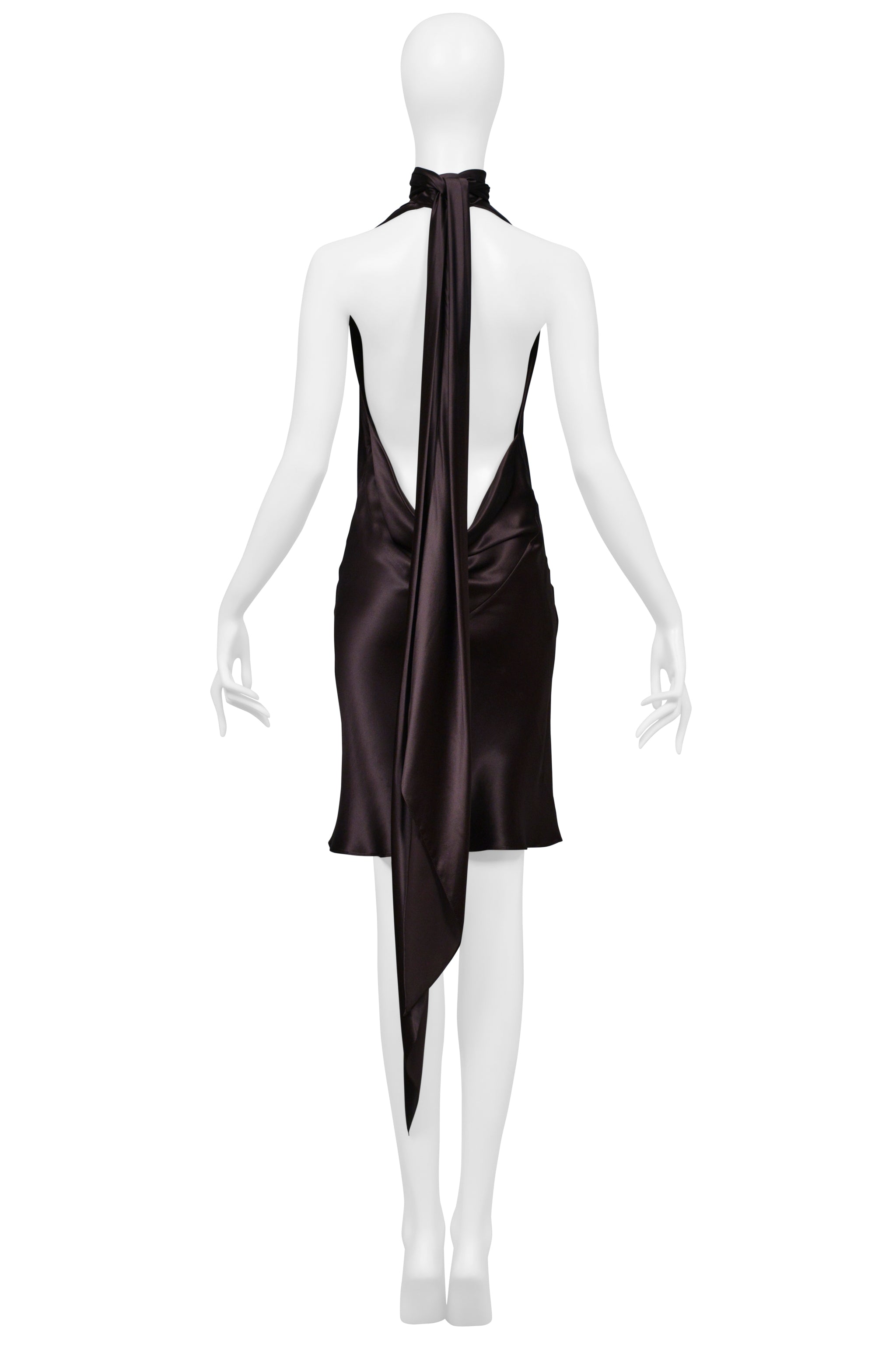 DOLCE & GABBANA BROWN SATIN HALTER DRESS WITH NECK TIES 2002