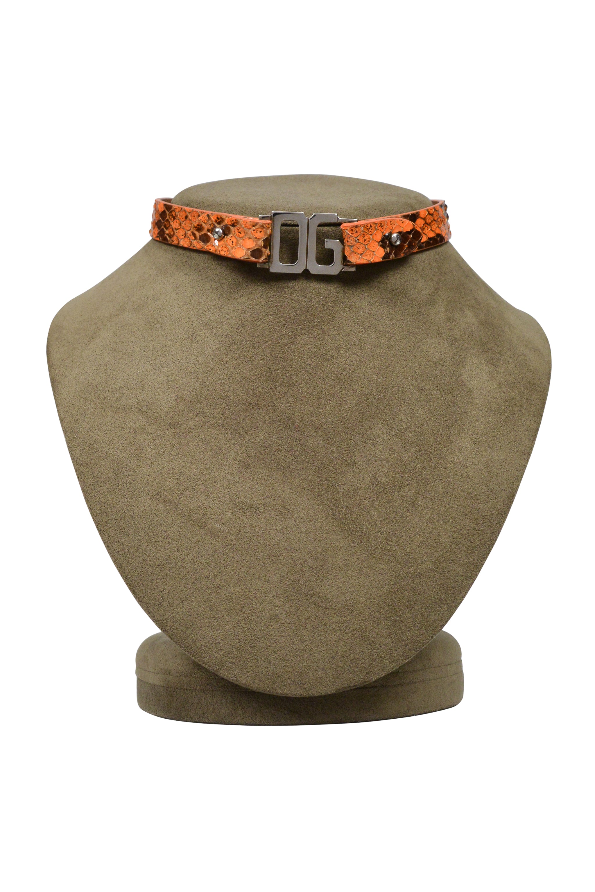 DOLCE & GABBANA ORANGE SNAKE-EFFECT LEATHER CHOKER NECKLACE WITH CHROME D&G
