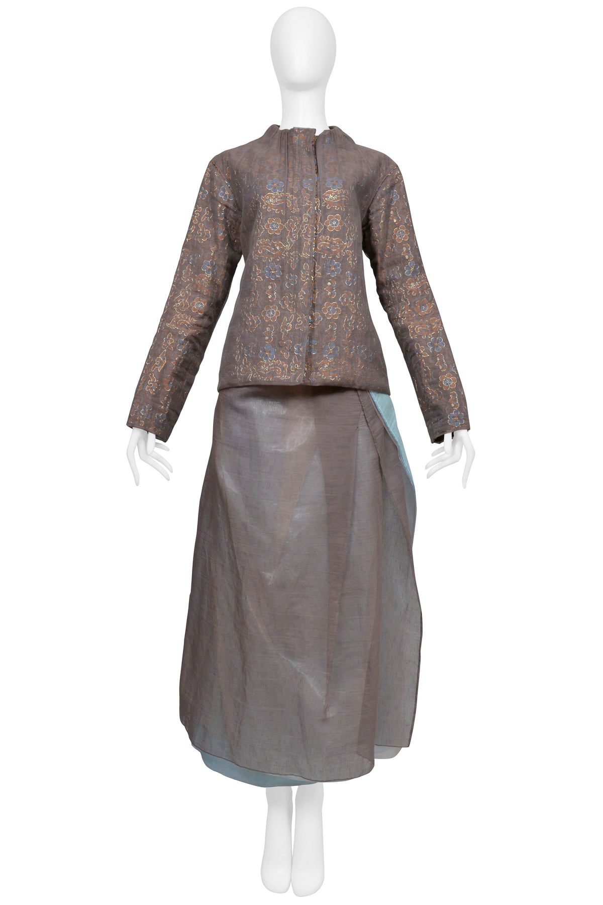 ISSEY MIYAKE BROWN JACKET AND SKIRT ENSEMBLE WITH KASHMIR PRINT 2001