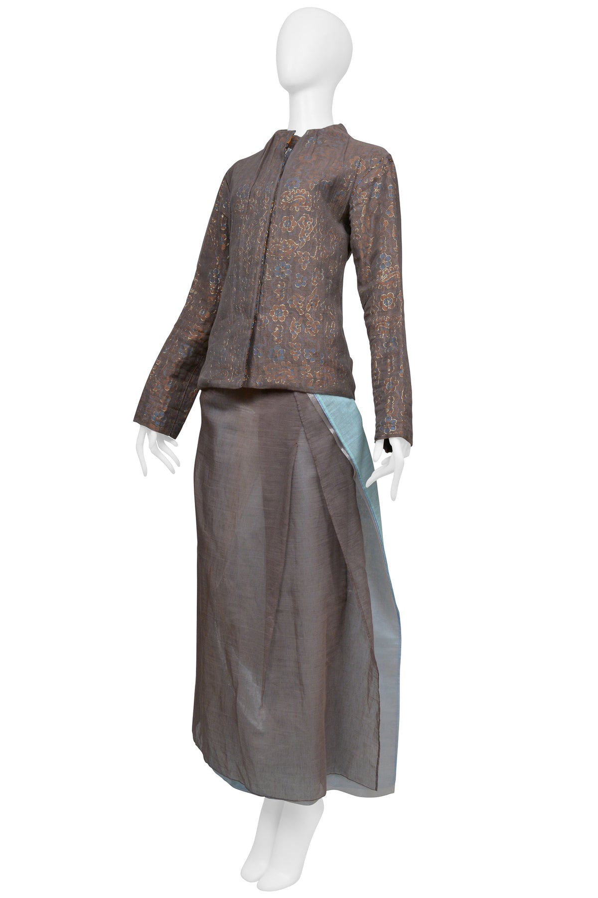 ISSEY MIYAKE BROWN JACKET AND SKIRT ENSEMBLE WITH KASHMIR PRINT 2001