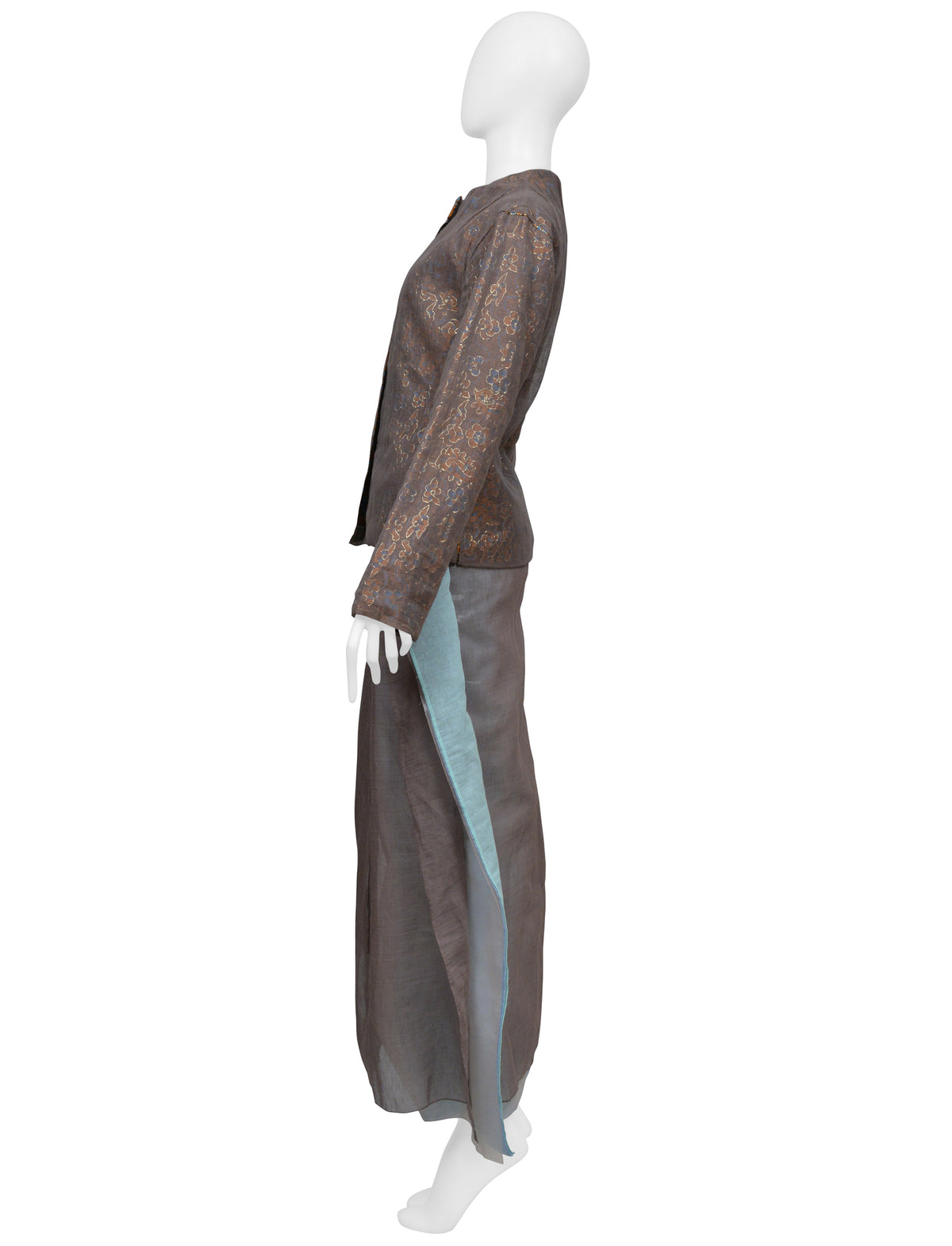ISSEY MIYAKE BROWN JACKET AND SKIRT ENSEMBLE WITH KASHMIR PRINT 2001