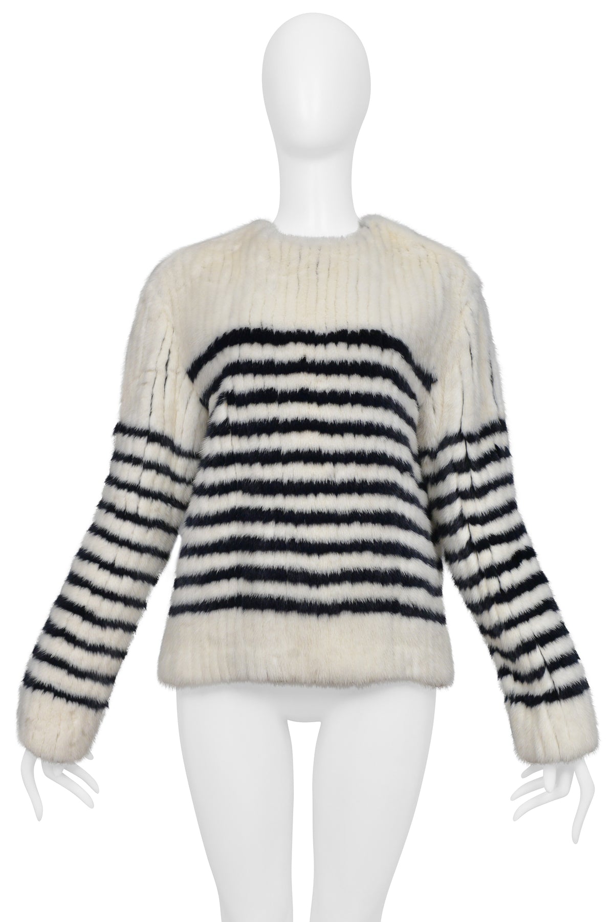 SAINT LAURENT PARIS WHITE FUR SWEATER WITH BLACK STRIPES AND SNAPS AT SHOULDER