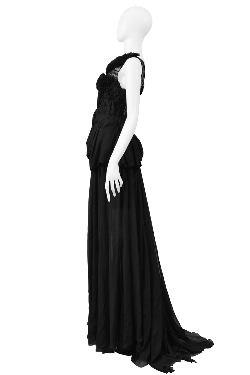 NINA RICCI BLACK CHIFFON & LACE EVENING GOWN