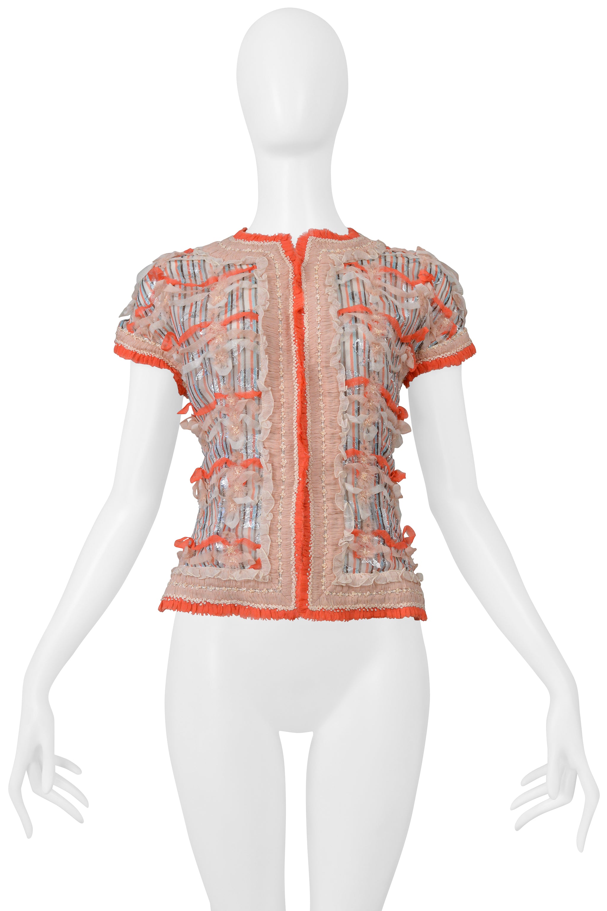 NINA RICCI PINK AND RED CHIFFON CROPPED TOP