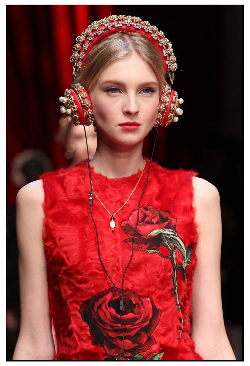 DOLCE & GABBANA  RED FUR DRESS WITH ROSE APPLIQUES 2015