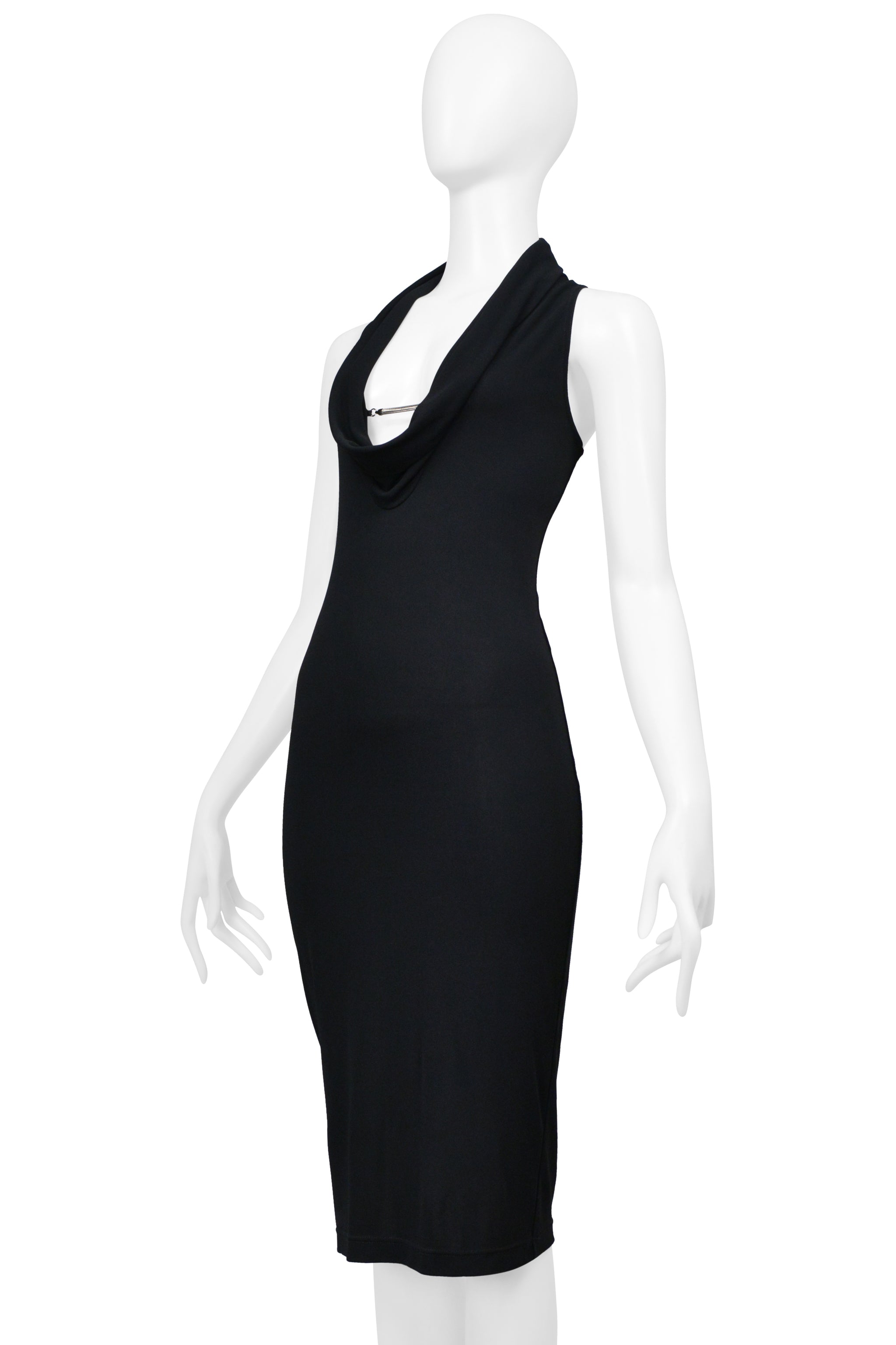 PACO RABANNE BLACK HALTER DRESS WITH SILVER SPRING DETAIL AT CHEST