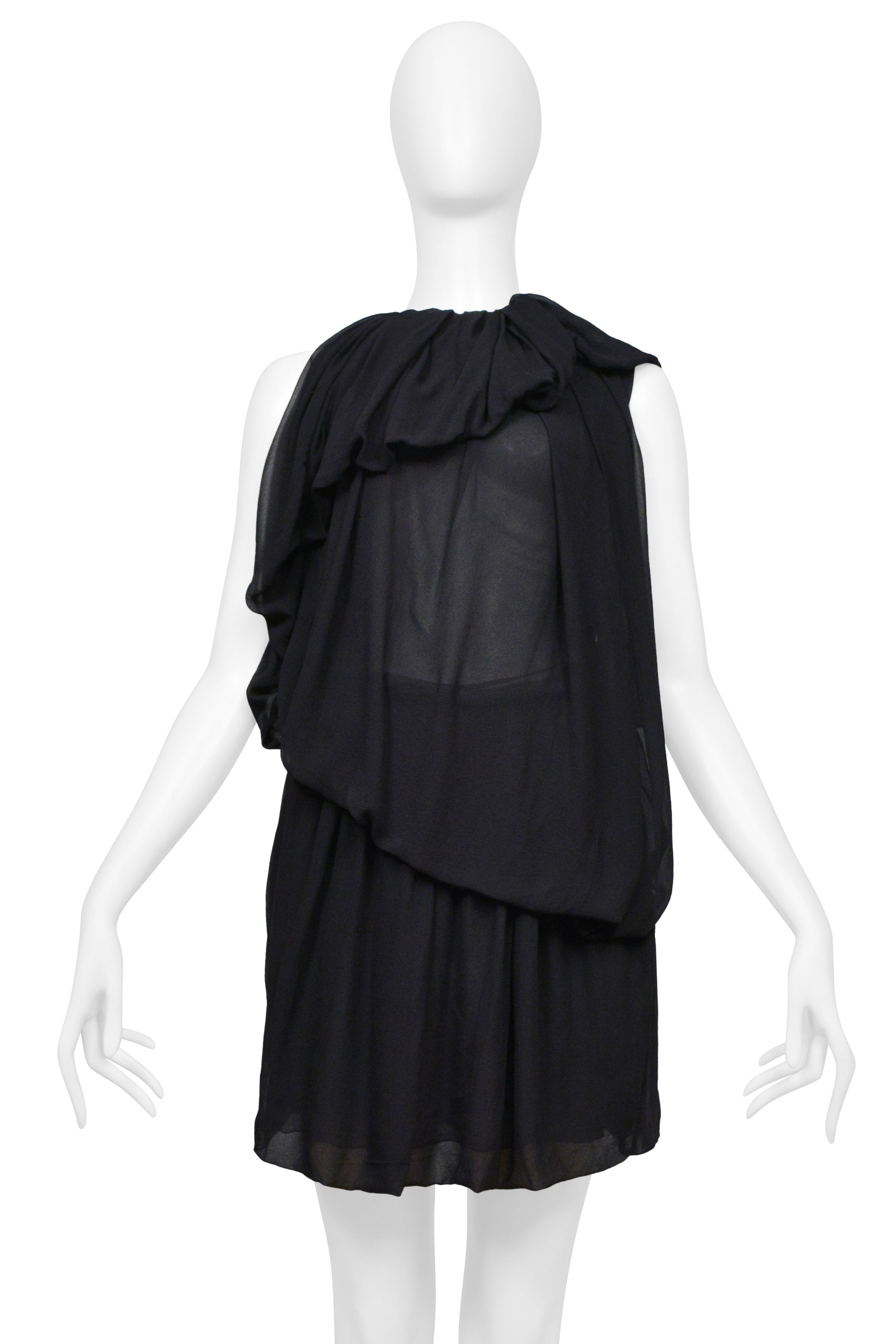 PLEIN SUD BLACK SHEER DRAPED MINI DRESS WITH RUFFLE COLLAR