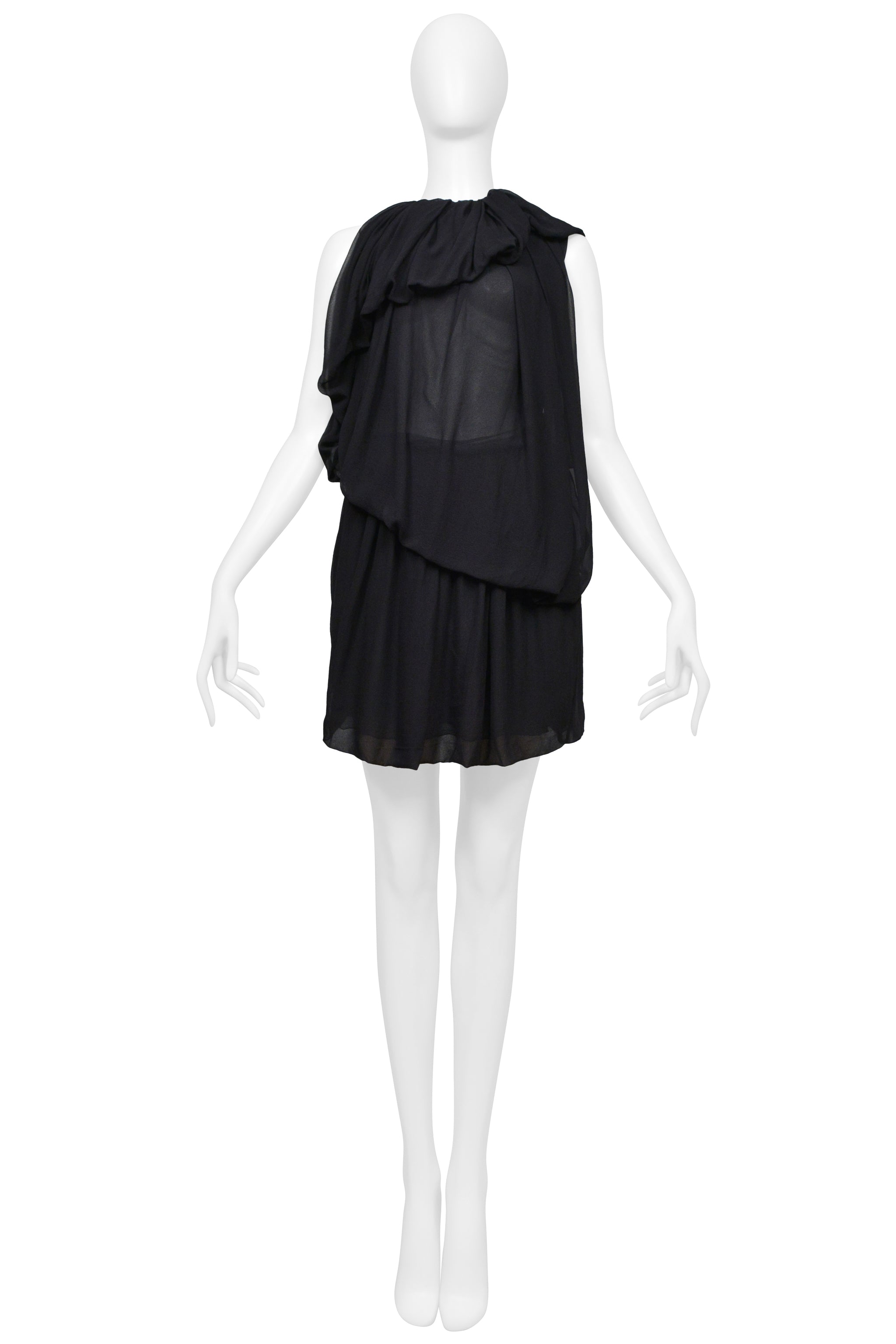 PLEIN SUD BLACK SHEER DRAPED MINI DRESS WITH RUFFLE COLLAR