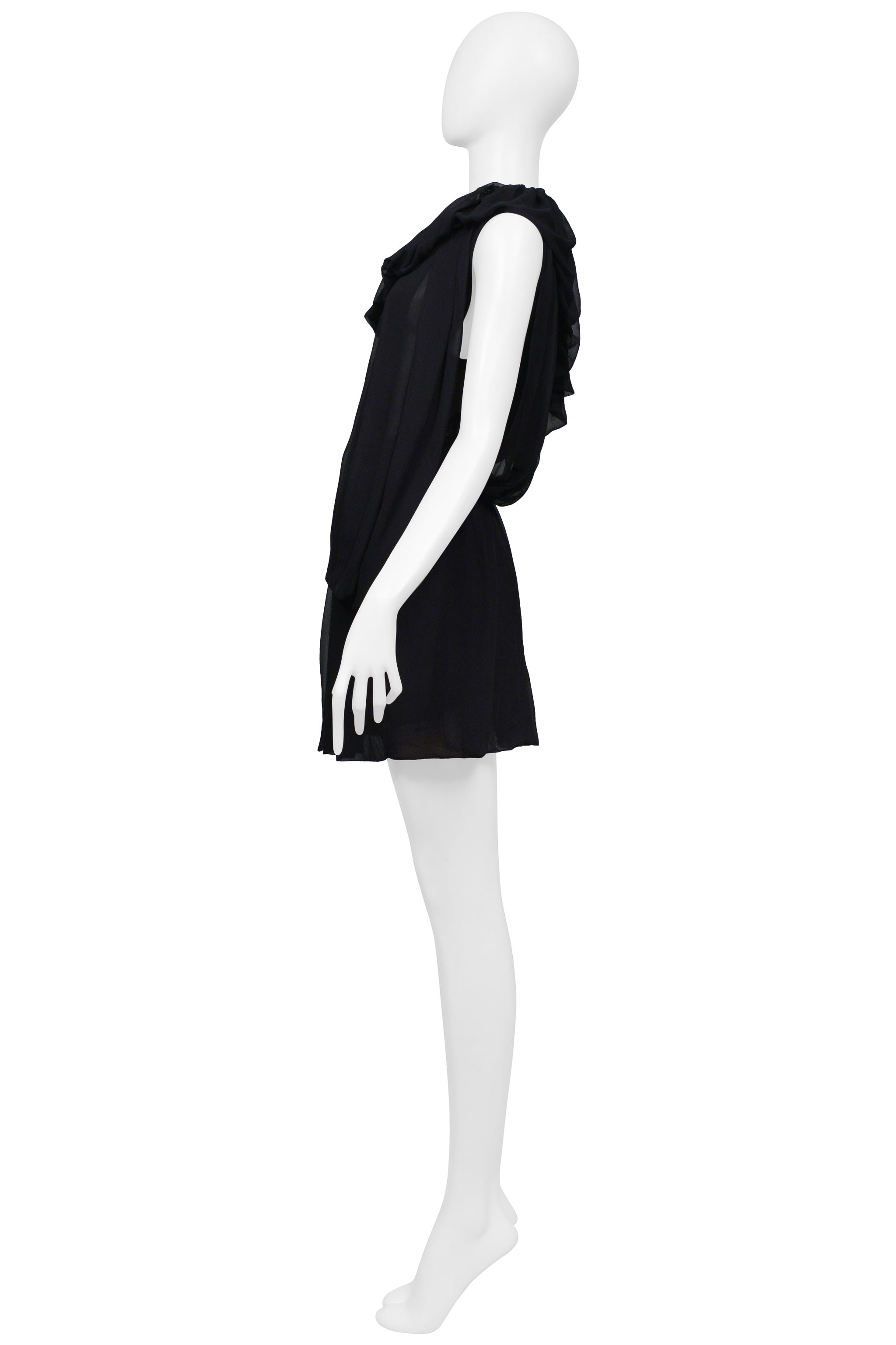 PLEIN SUD BLACK SHEER DRAPED MINI DRESS WITH RUFFLE COLLAR