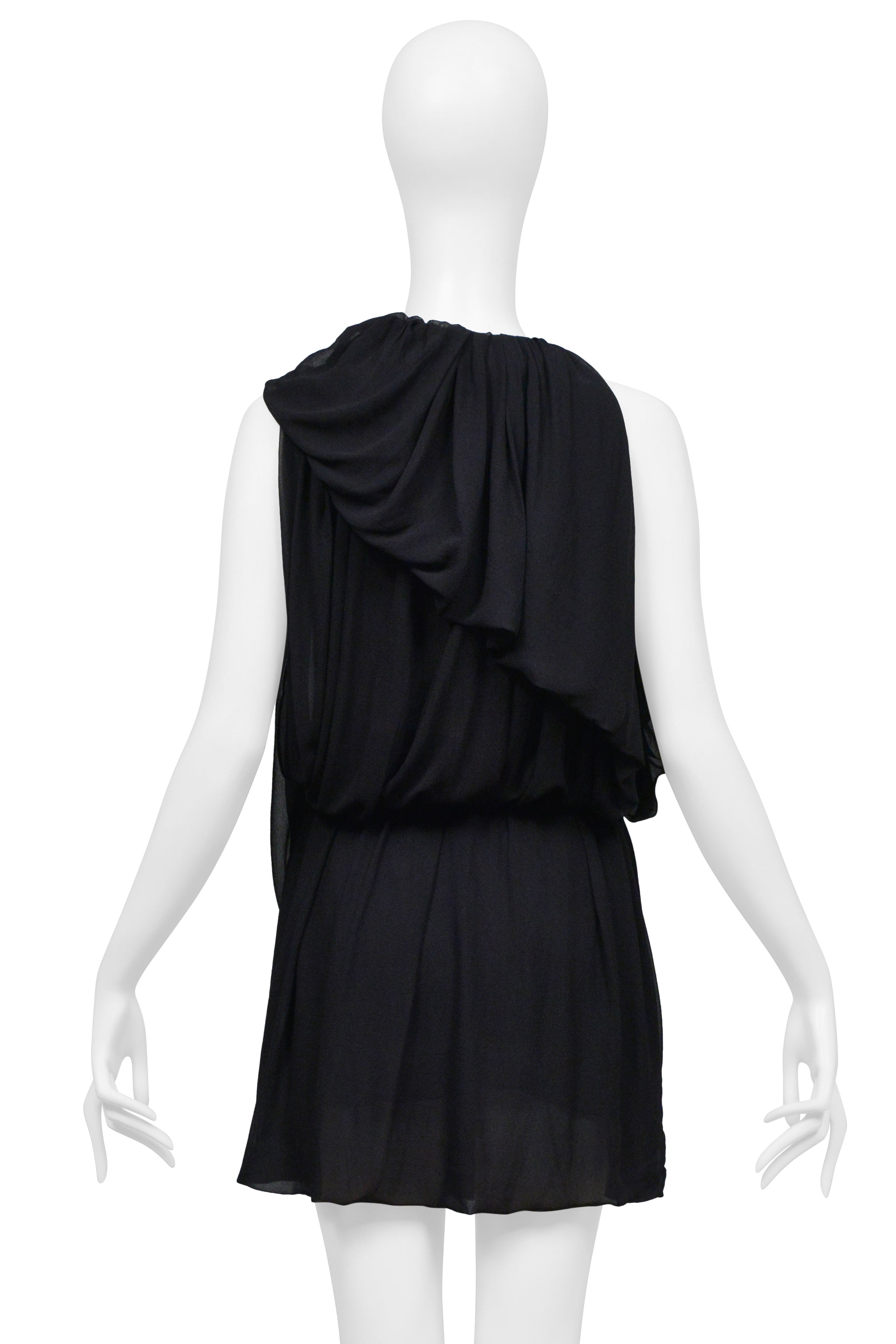 PLEIN SUD BLACK SHEER DRAPED MINI DRESS WITH RUFFLE COLLAR