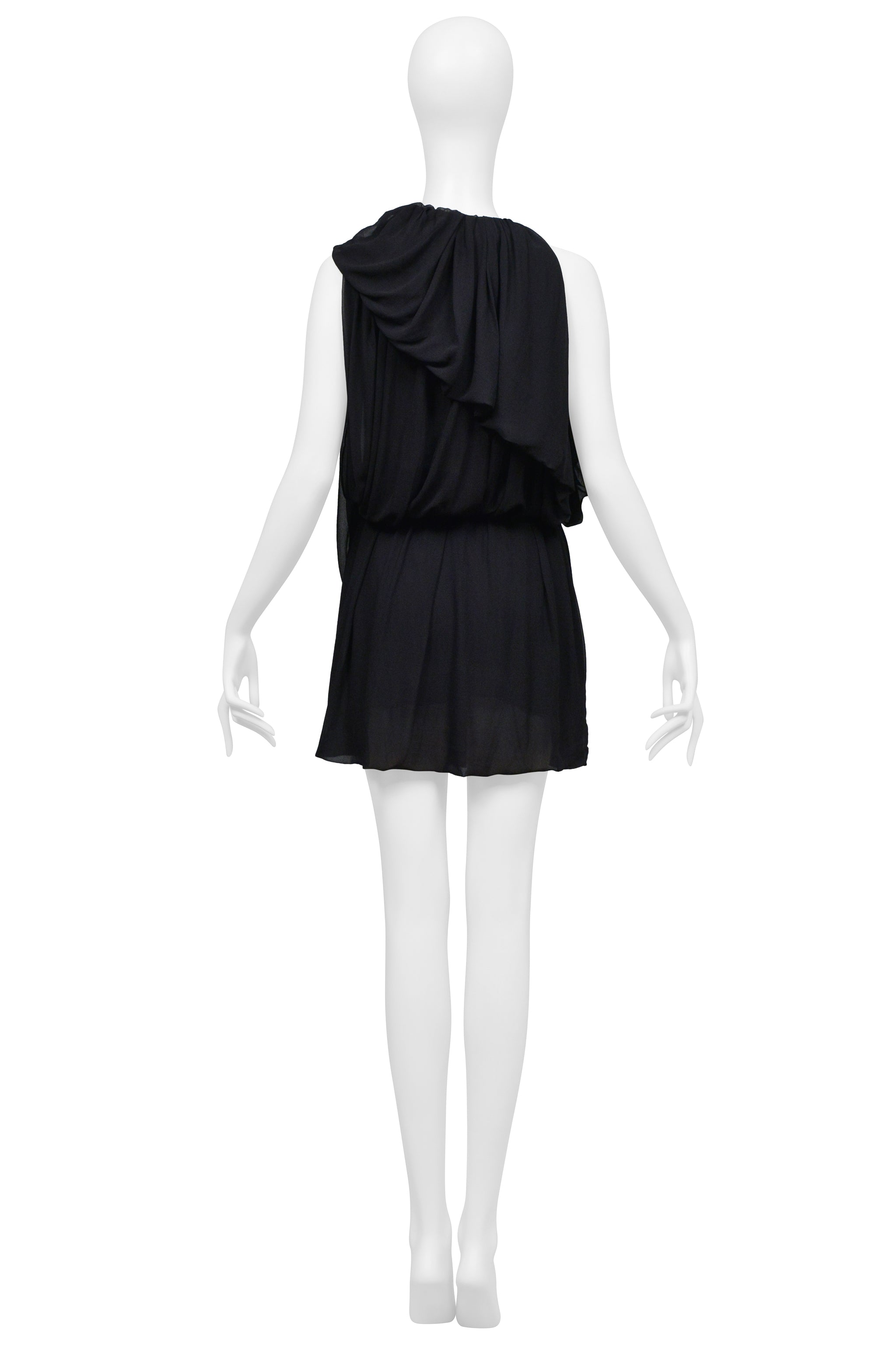 PLEIN SUD BLACK SHEER DRAPED MINI DRESS WITH RUFFLE COLLAR