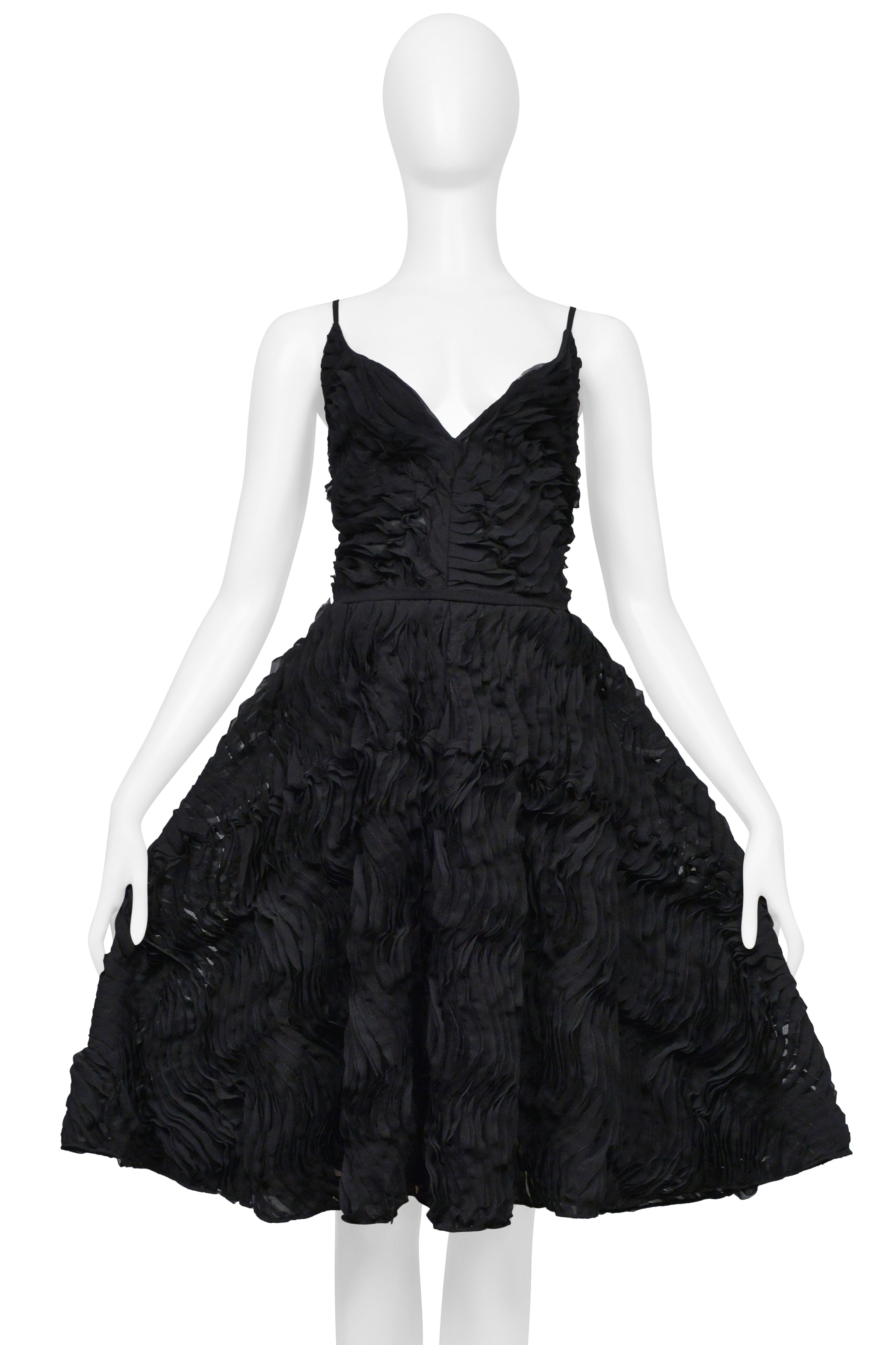 PLEIN SUD BLACK SUN DRESS WITH DEEP NECKLINE AND INTRICATE RUFFLE DETAILS