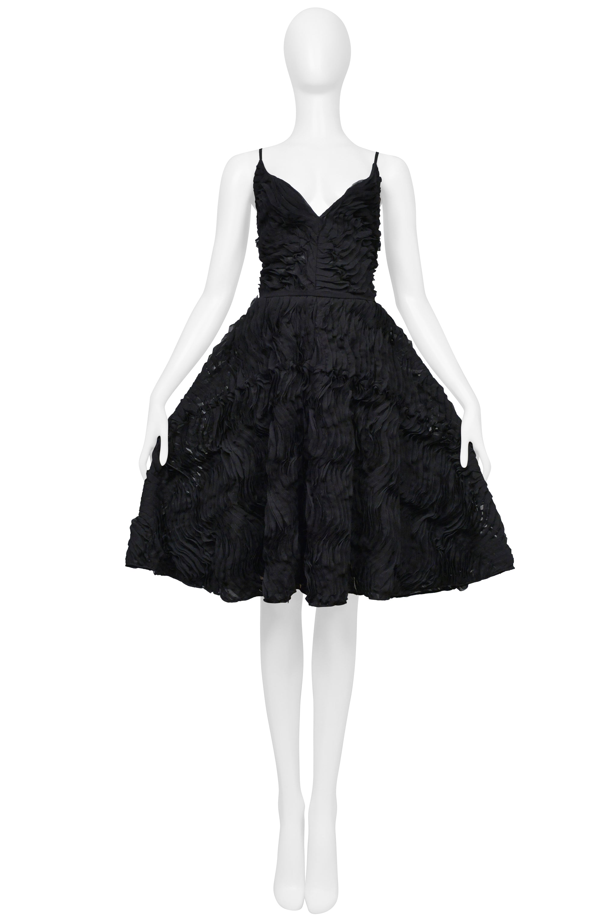 PLEIN SUD BLACK SUN DRESS WITH DEEP NECKLINE AND INTRICATE RUFFLE DETAILS
