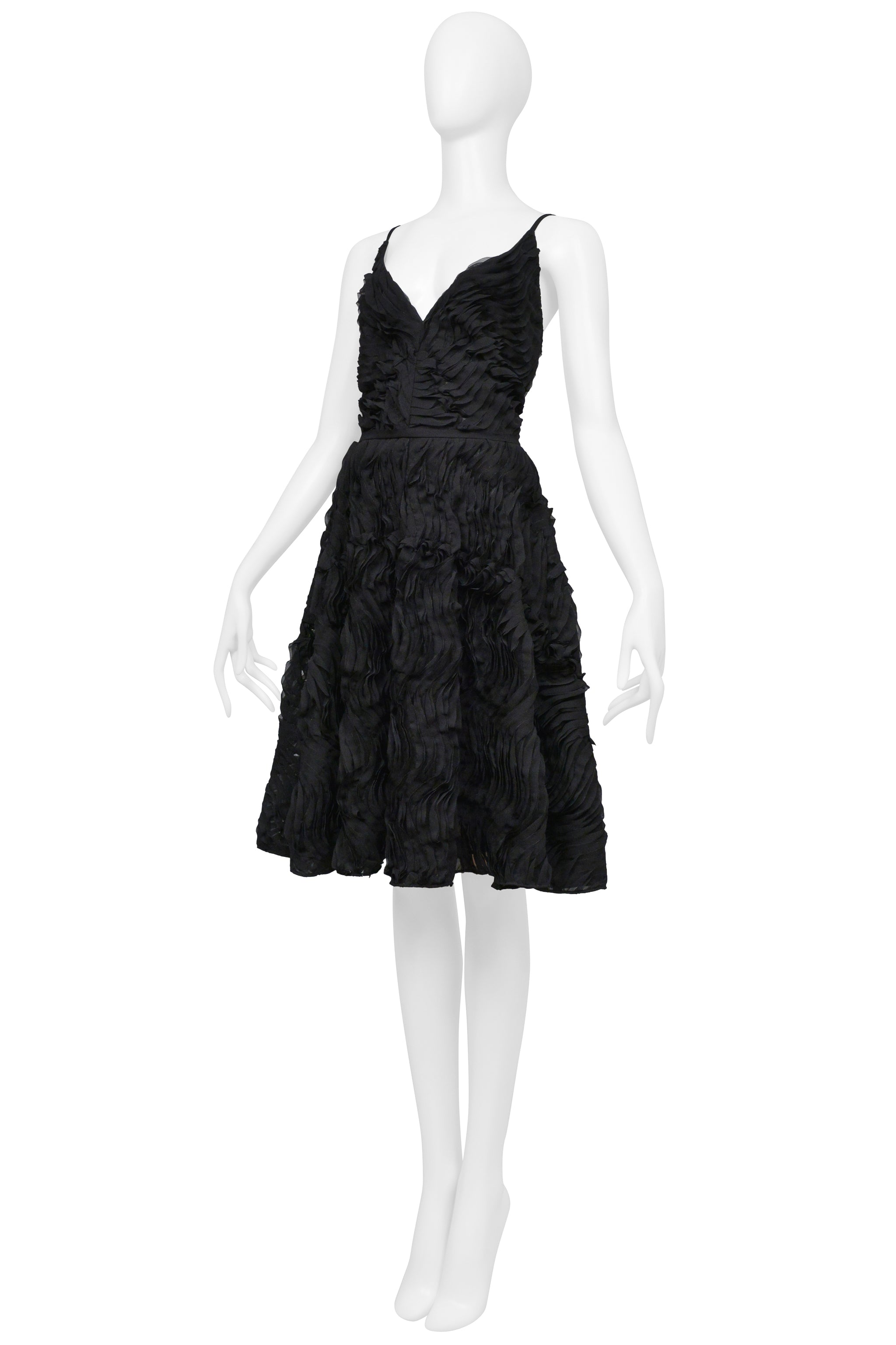 PLEIN SUD BLACK SUN DRESS WITH DEEP NECKLINE AND INTRICATE RUFFLE DETAILS