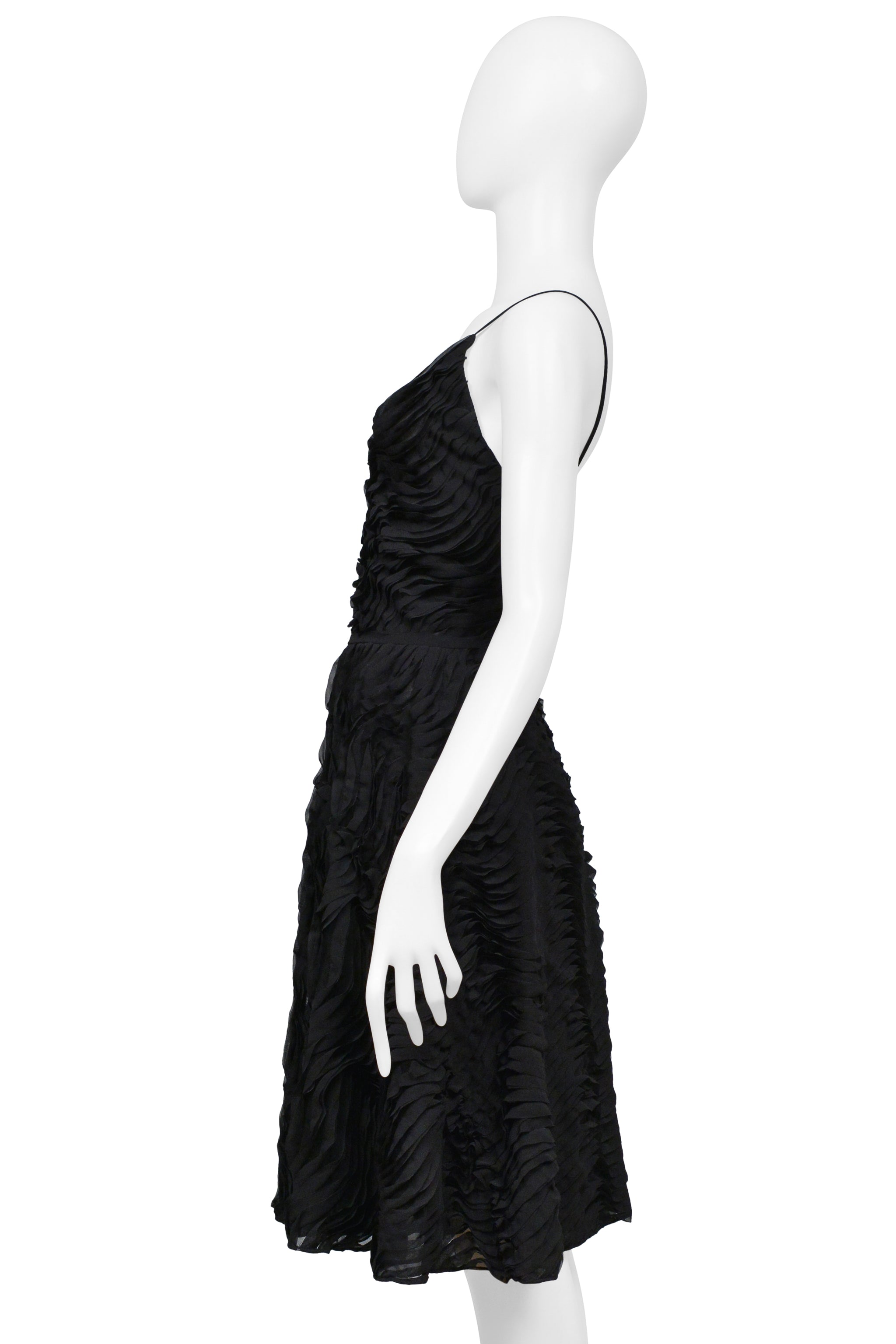 PLEIN SUD BLACK SUN DRESS WITH DEEP NECKLINE AND INTRICATE RUFFLE DETAILS
