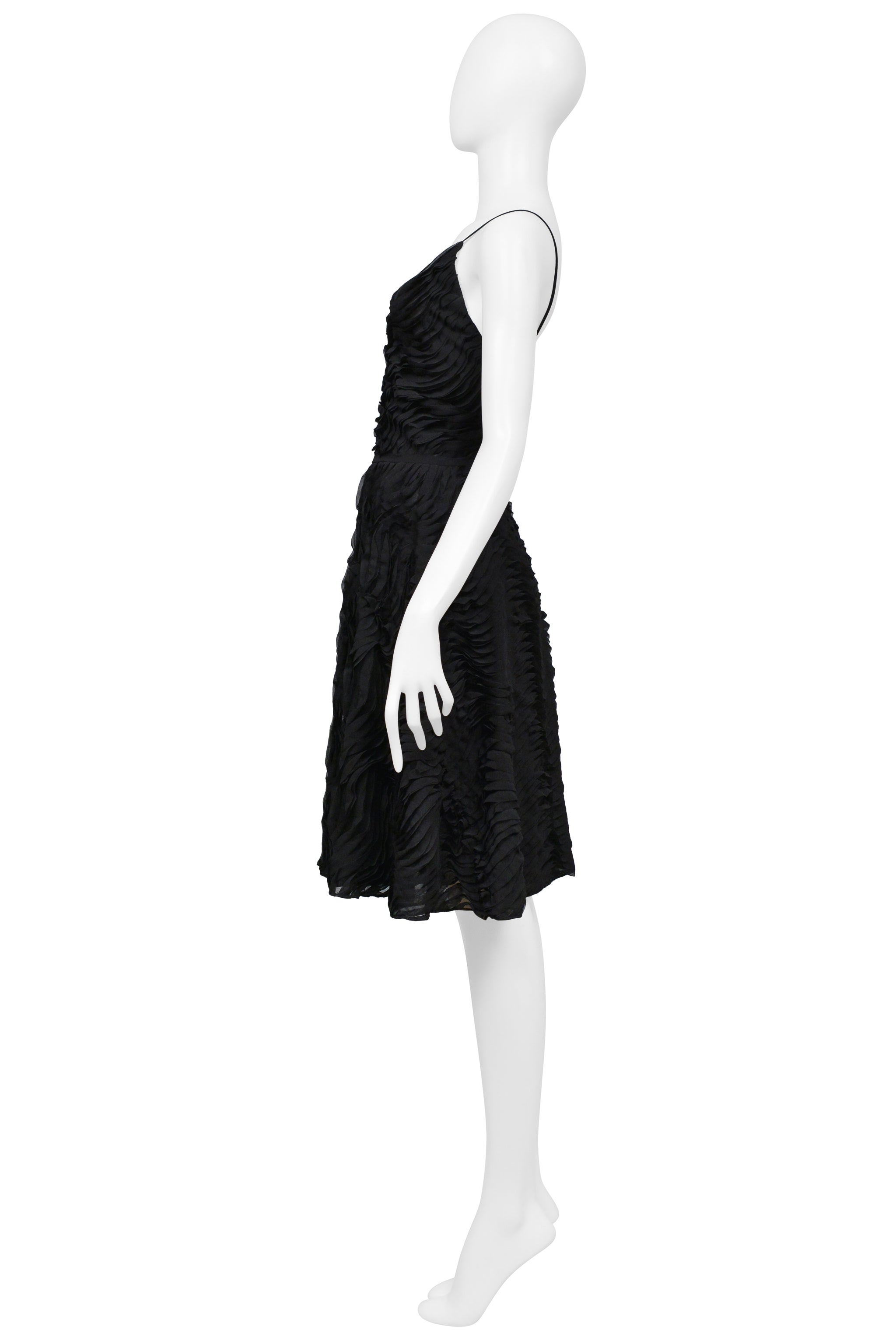 PLEIN SUD BLACK SUN DRESS WITH DEEP NECKLINE AND INTRICATE RUFFLE DETAILS