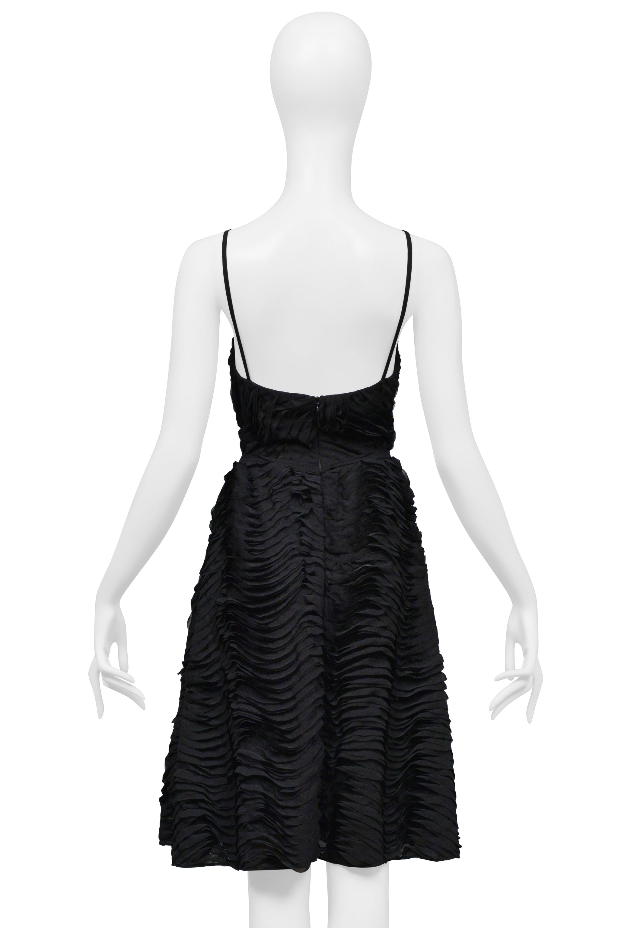 PLEIN SUD BLACK SUN DRESS WITH DEEP NECKLINE AND INTRICATE RUFFLE DETAILS