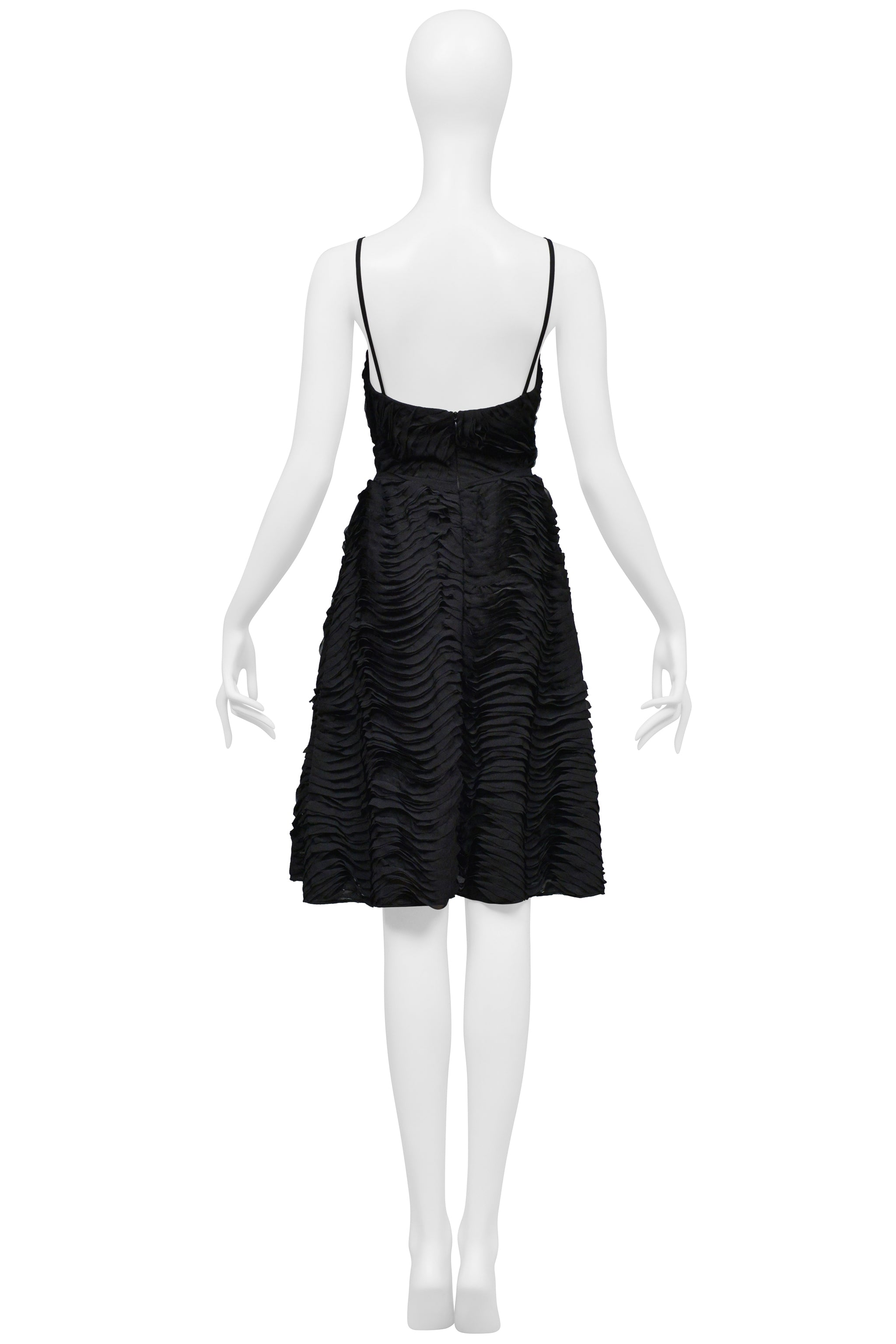 PLEIN SUD BLACK SUN DRESS WITH DEEP NECKLINE AND INTRICATE RUFFLE DETAILS